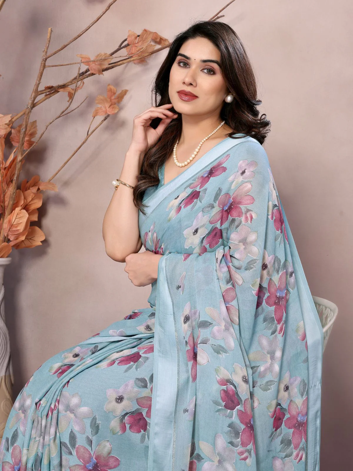 Odette Light Blue Satin Printed Saree With Unstitched Blouse For Women - Image 3