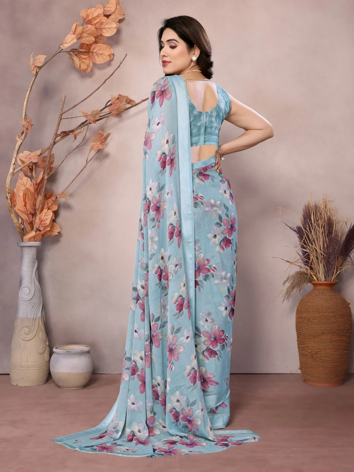 Odette Light Blue Satin Printed Saree With Unstitched Blouse For Women - Image 4