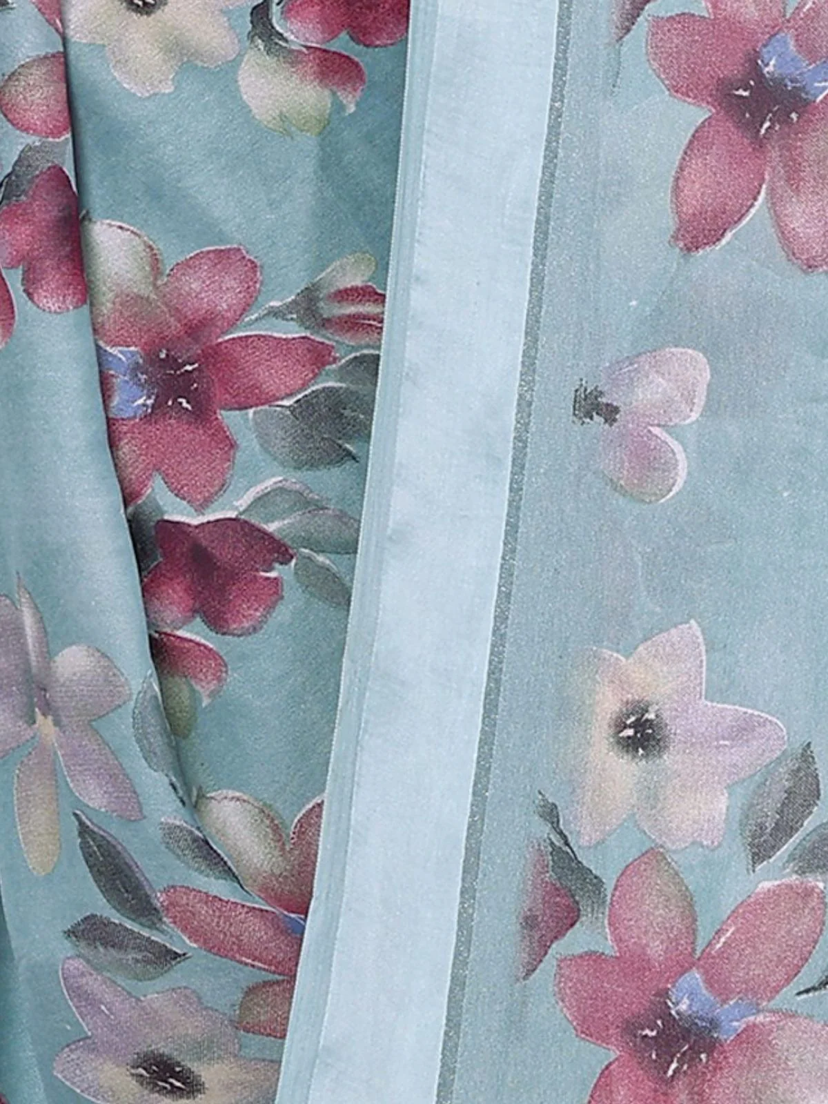 Odette Light Blue Satin Printed Saree With Unstitched Blouse For Women - Image 5