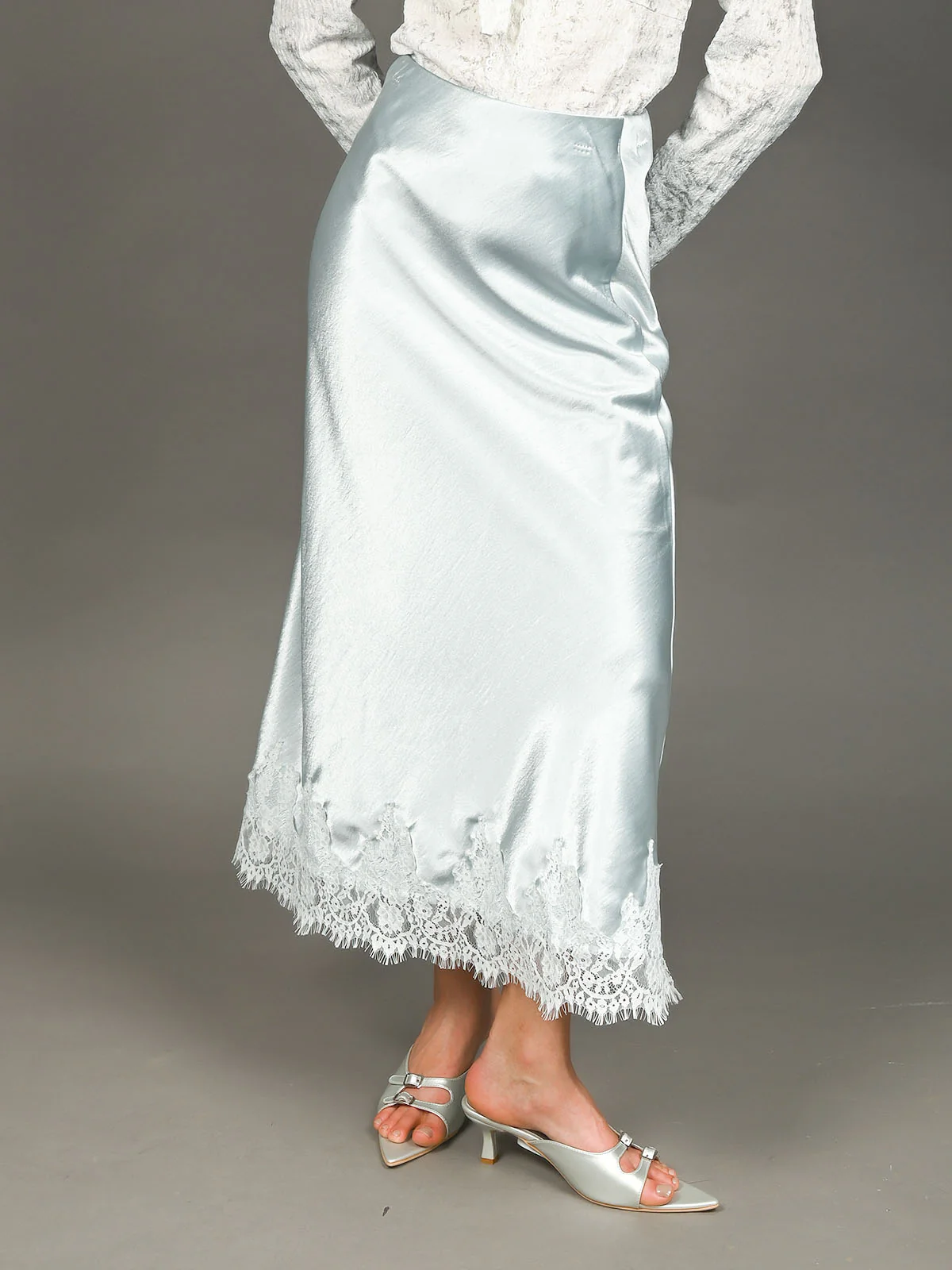 Odette Light Blue Satin Solid Skirt For Women - Image 2