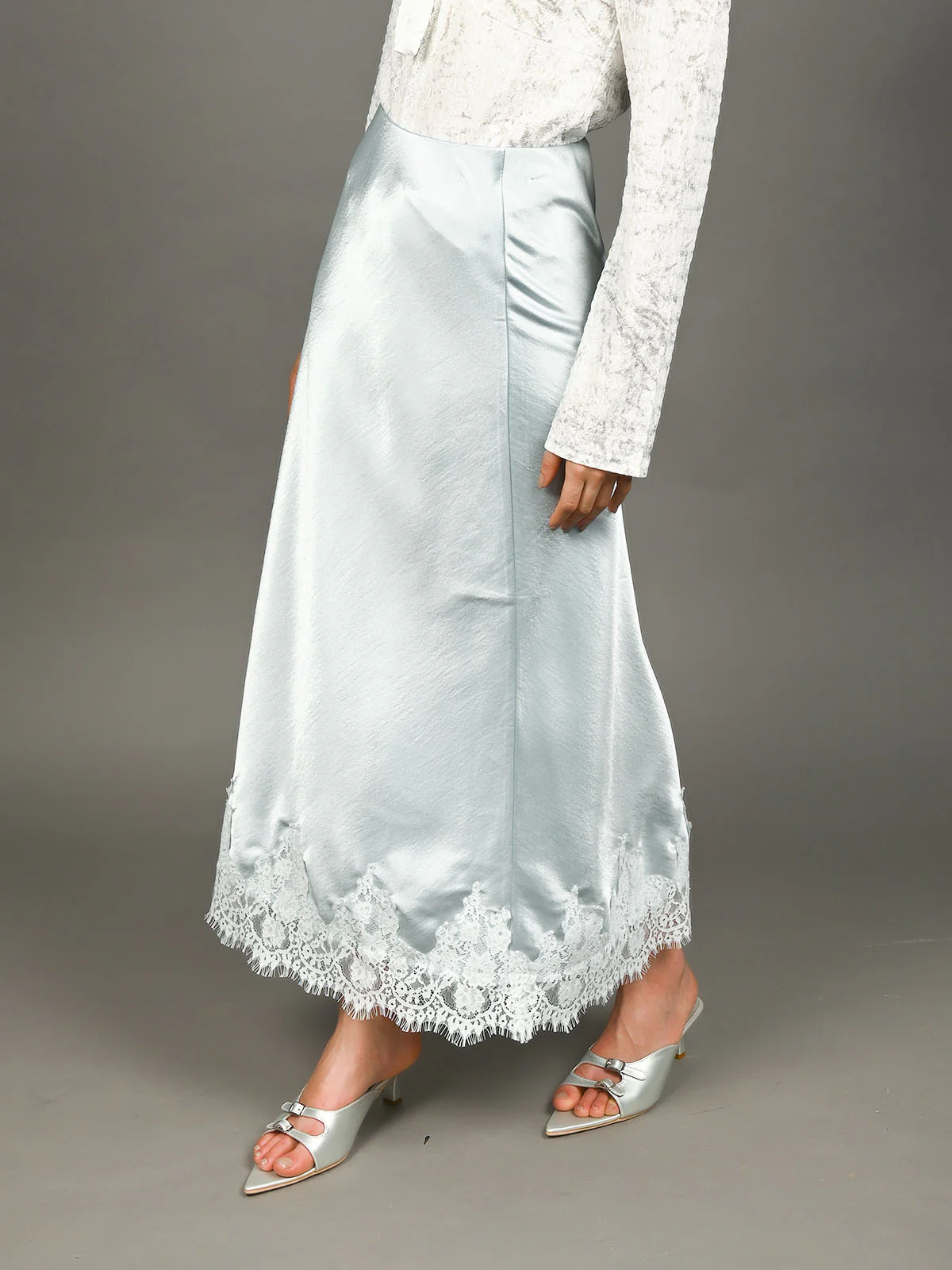 Odette Light Blue Satin Solid Skirt For Women - Image 3