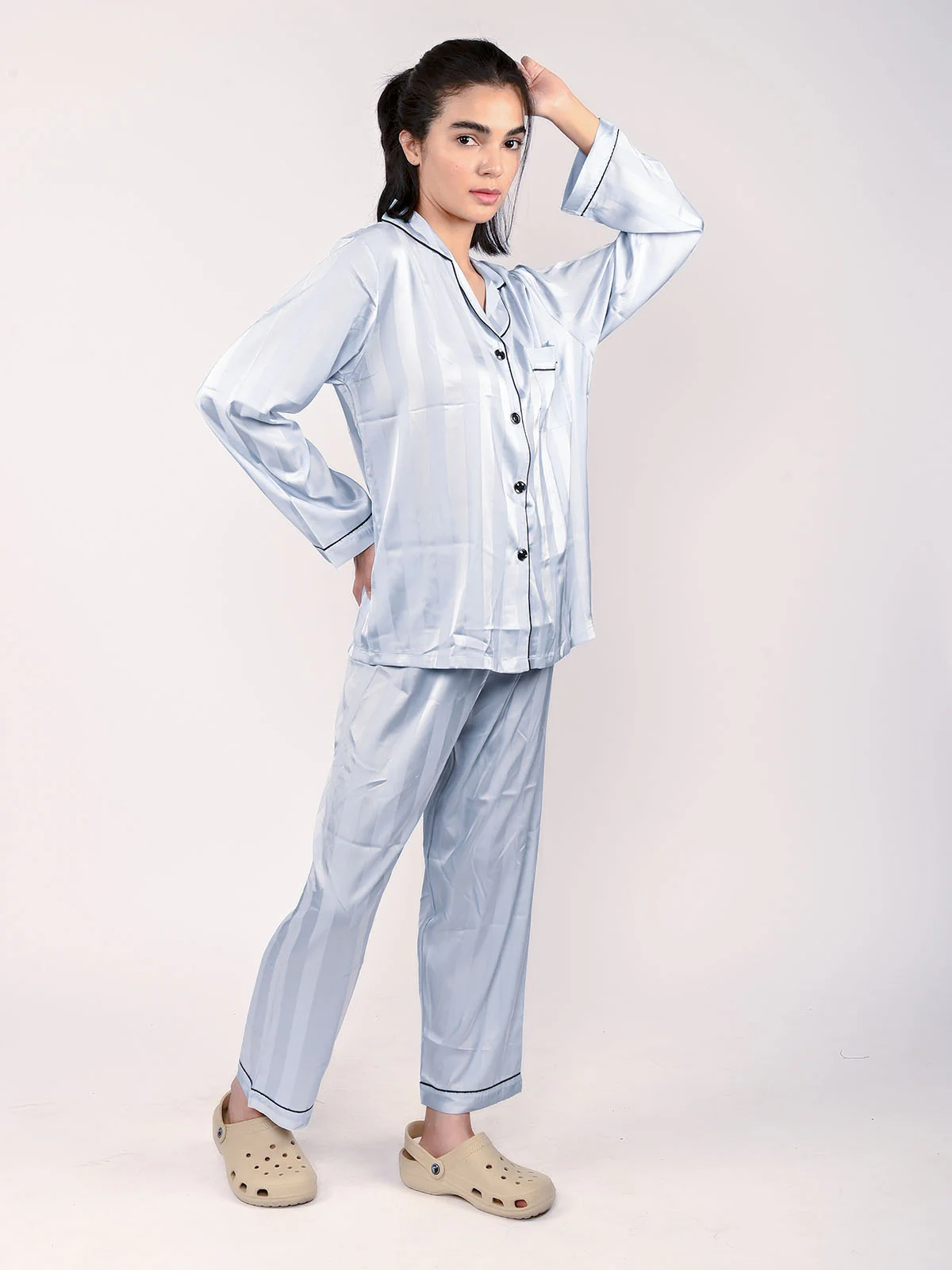 Odette Light Blue Satin Striped Night Wear Set For Women - Image 2