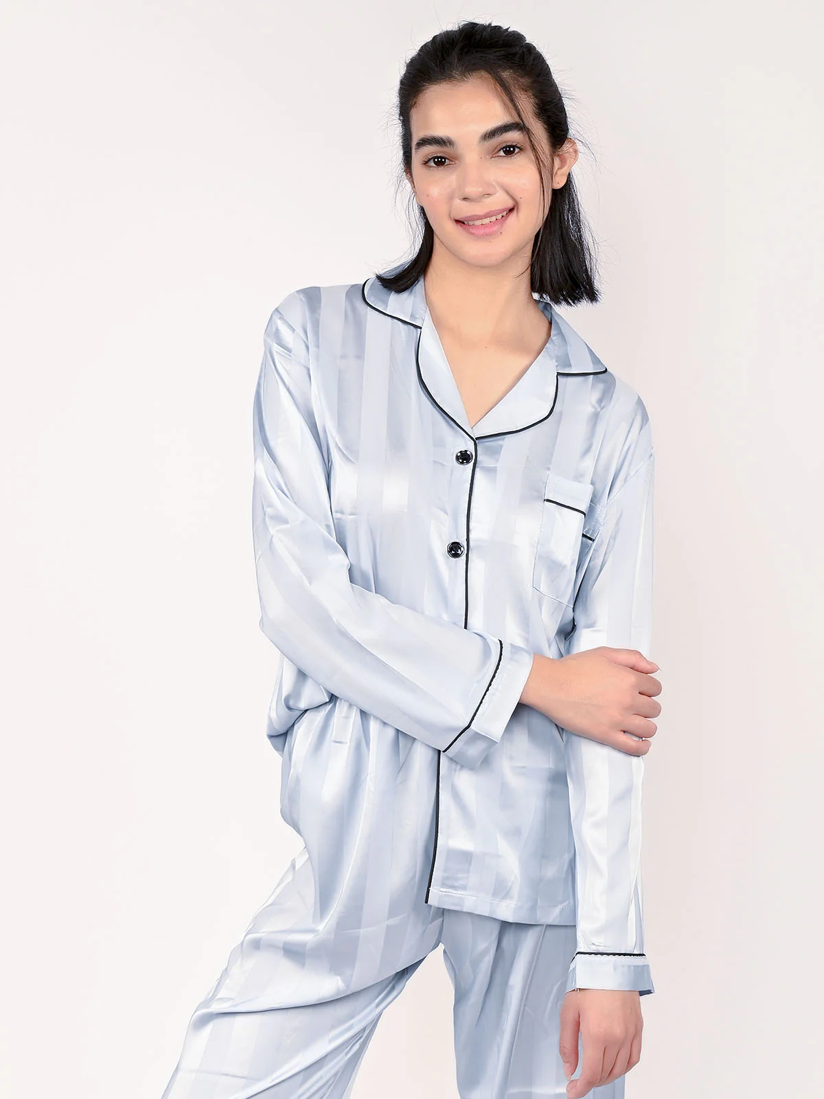 Odette Light Blue Satin Striped Night Wear Set For Women - Image 4