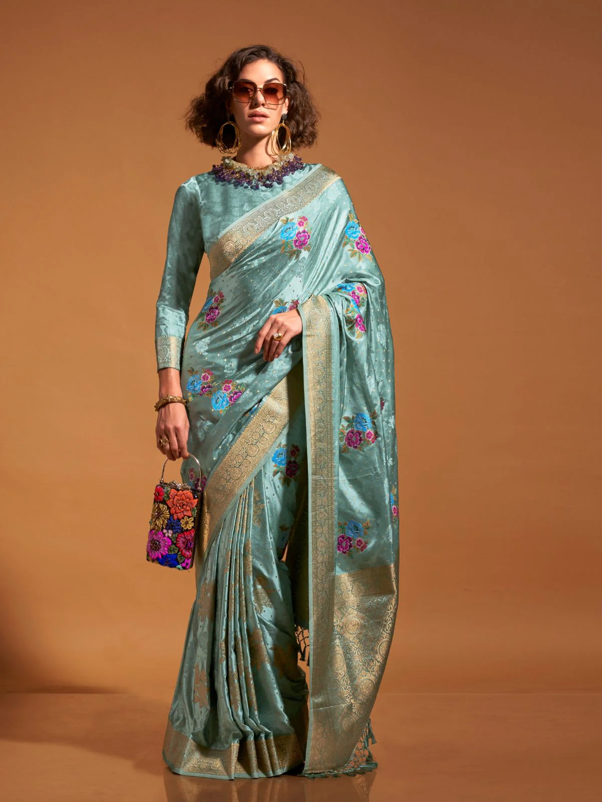 Odette Light Blue Satin Woven Saree With Unstitched Blouse For Women