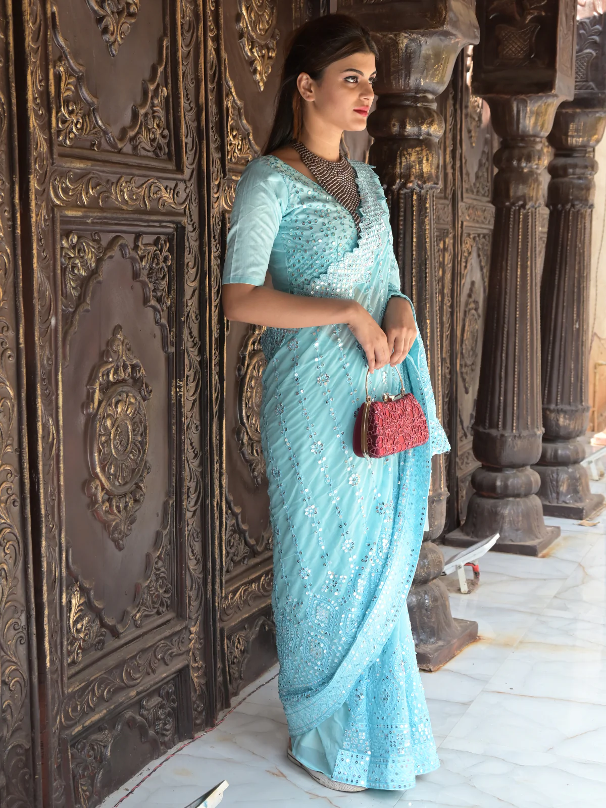 Odette Light Blue Sequins Embroidered Georgette Saree with Unstitched Blouse for Women - Image 2