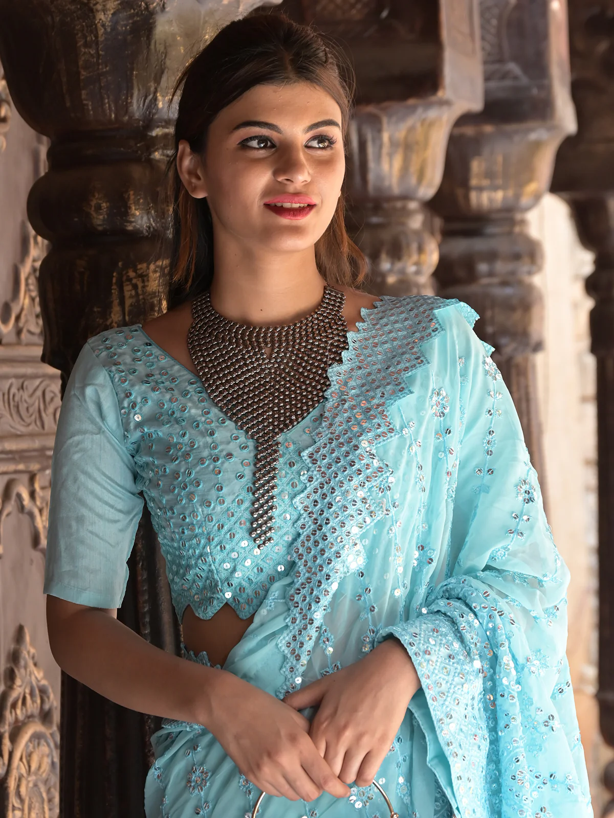 Odette Light Blue Sequins Embroidered Georgette Saree with Unstitched Blouse for Women - Image 4