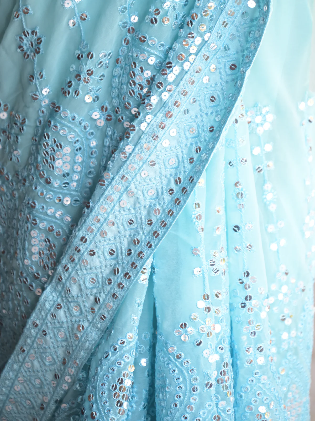 Odette Light Blue Sequins Embroidered Georgette Saree with Unstitched Blouse for Women - Image 5