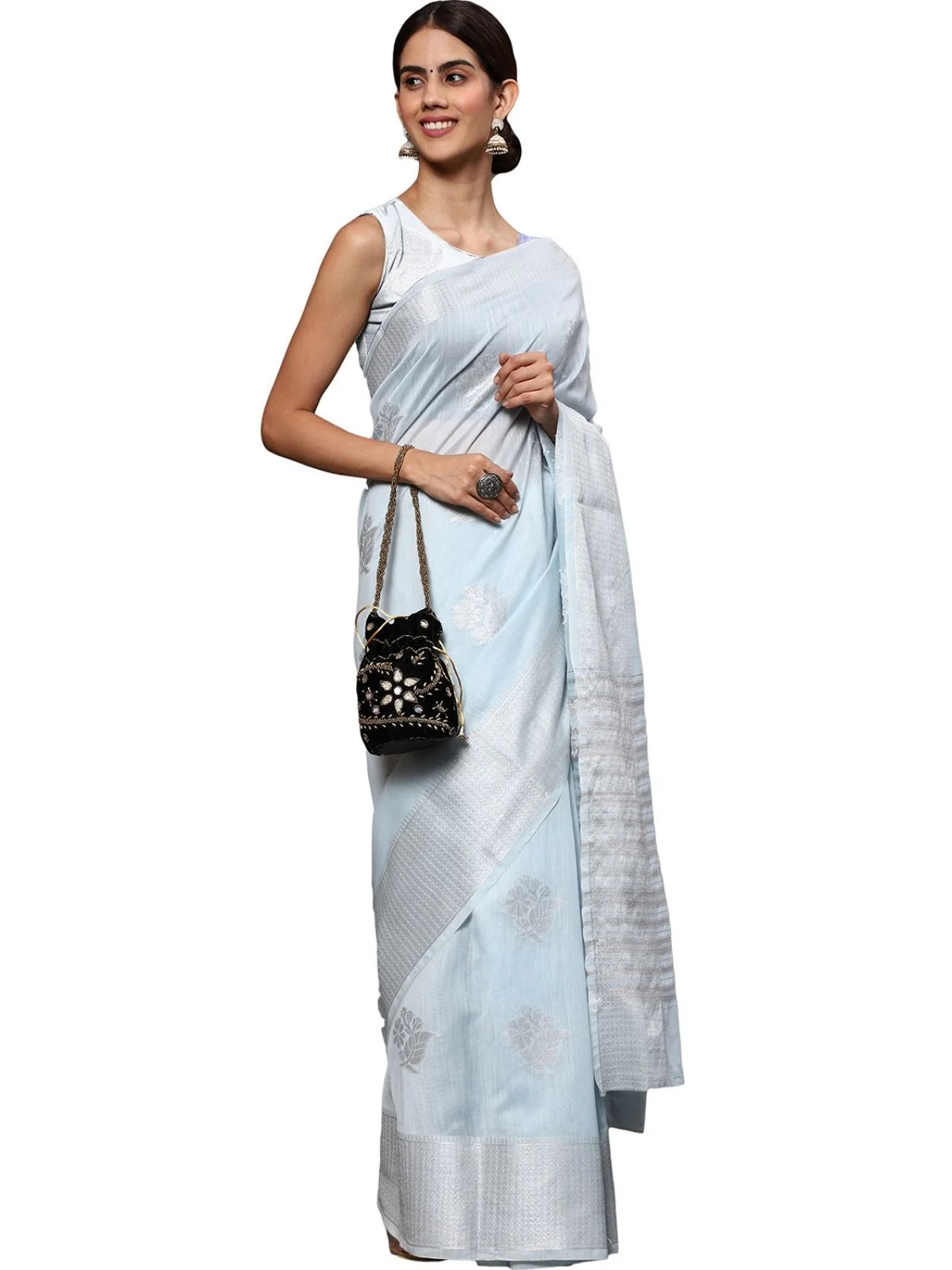 Odette Light Blue Silk Blend Embellished Saree For Women - Image 2
