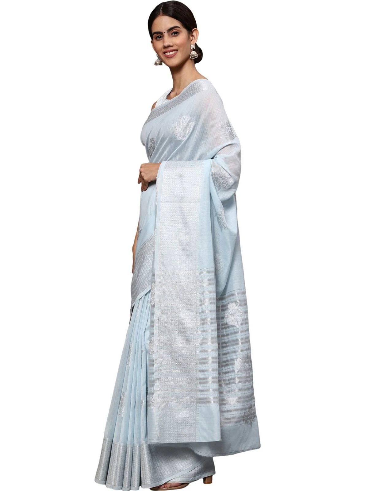 Odette Light Blue Silk Blend Embellished Saree For Women - Image 3