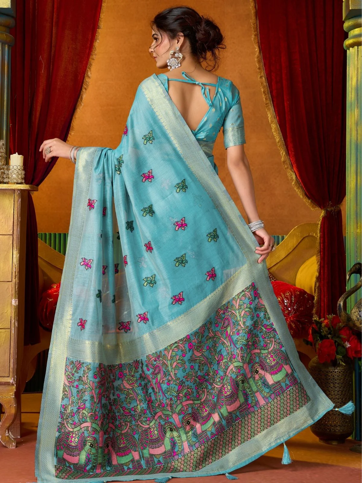 Odette Light Blue Silk Blend Printed Saree For Women - Image 4