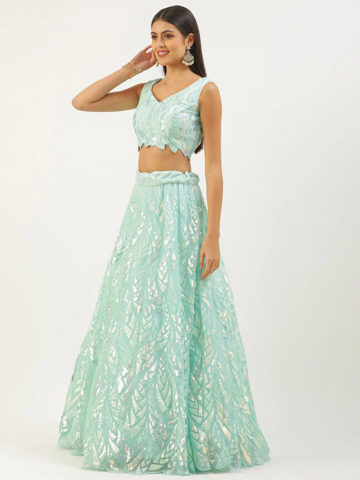 Odette Light Blue Soft Net Embellished Semi Stitched Lehenga With Unstitched Blouse For Women - Image 3