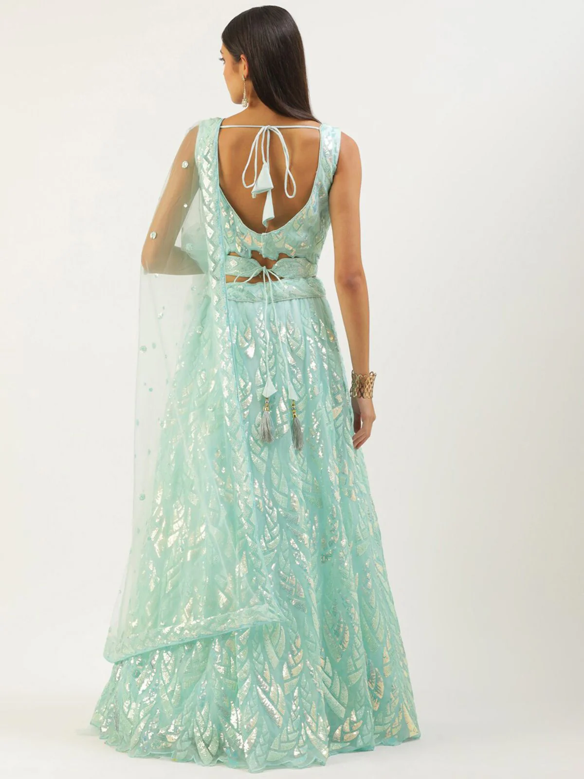 Odette Light Blue Soft Net Embellished Semi Stitched Lehenga With Unstitched Blouse For Women - Image 4
