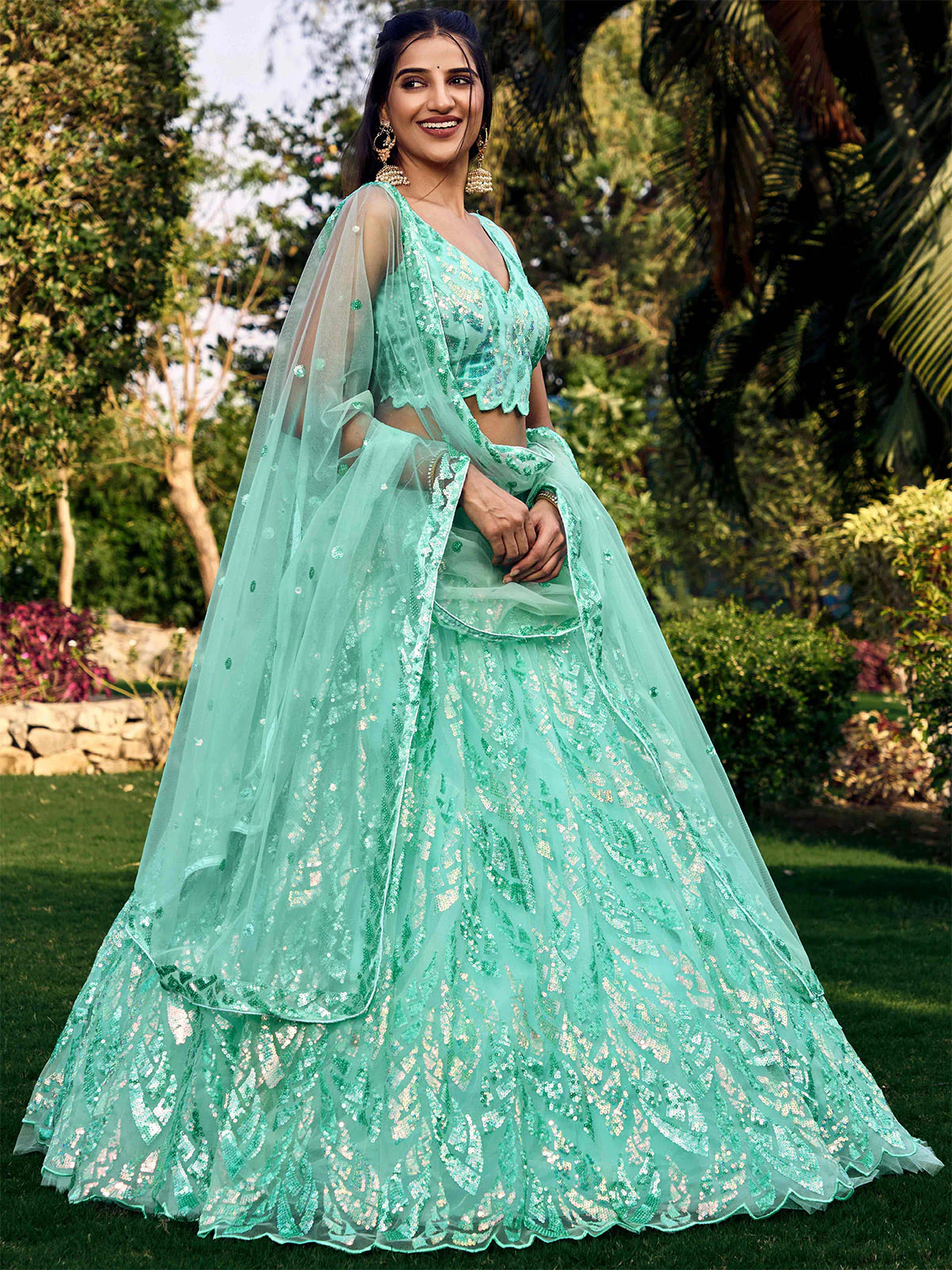 Odette Light Blue Soft Net Embellished Semi Stitched Lehenga With Unstitched Blouse For Women - Image 2