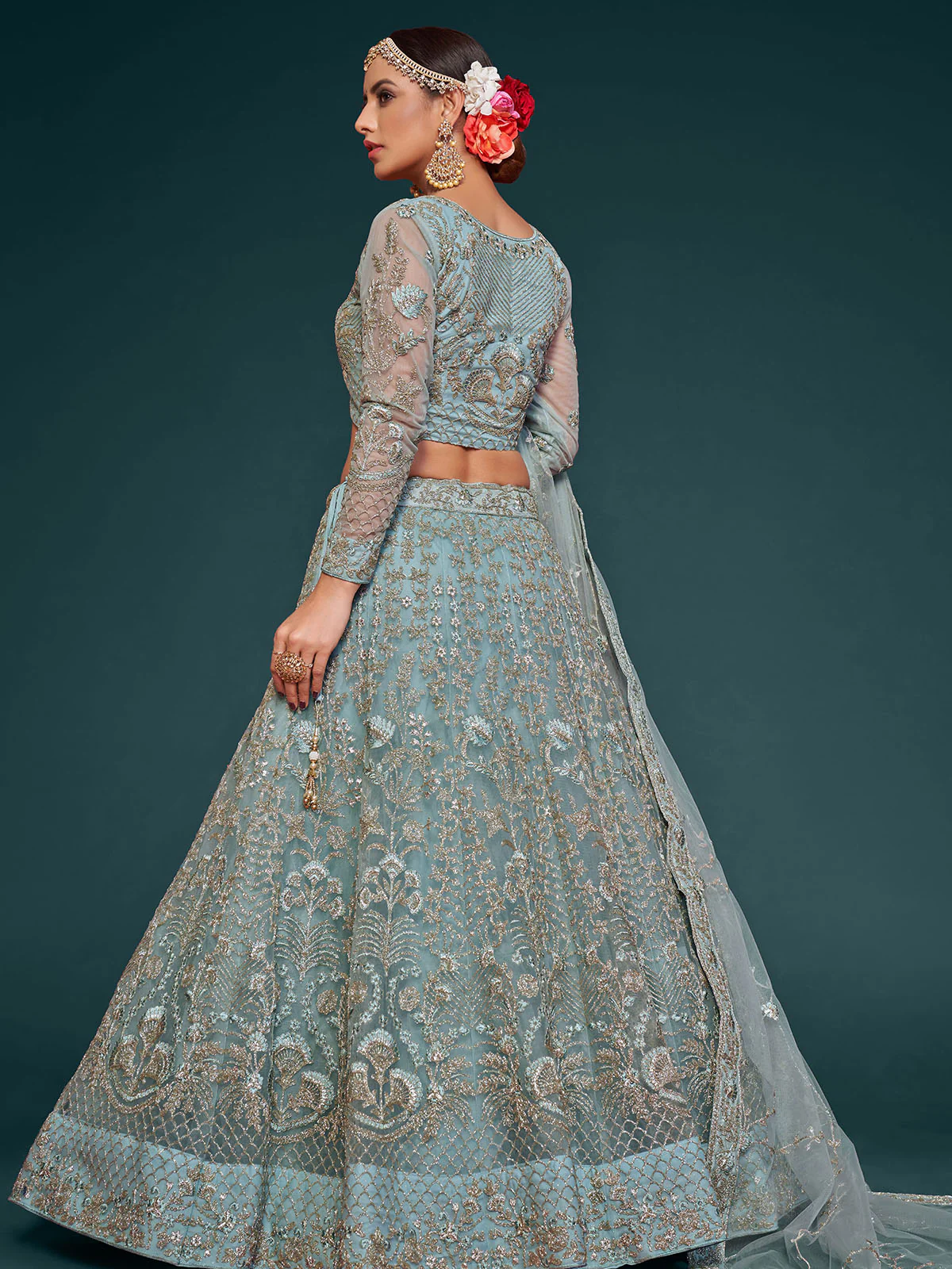 Odette Light Blue Soft Net Embellished Semi Stitched Lehenga With Unstitched Blouse For Women - Image 2