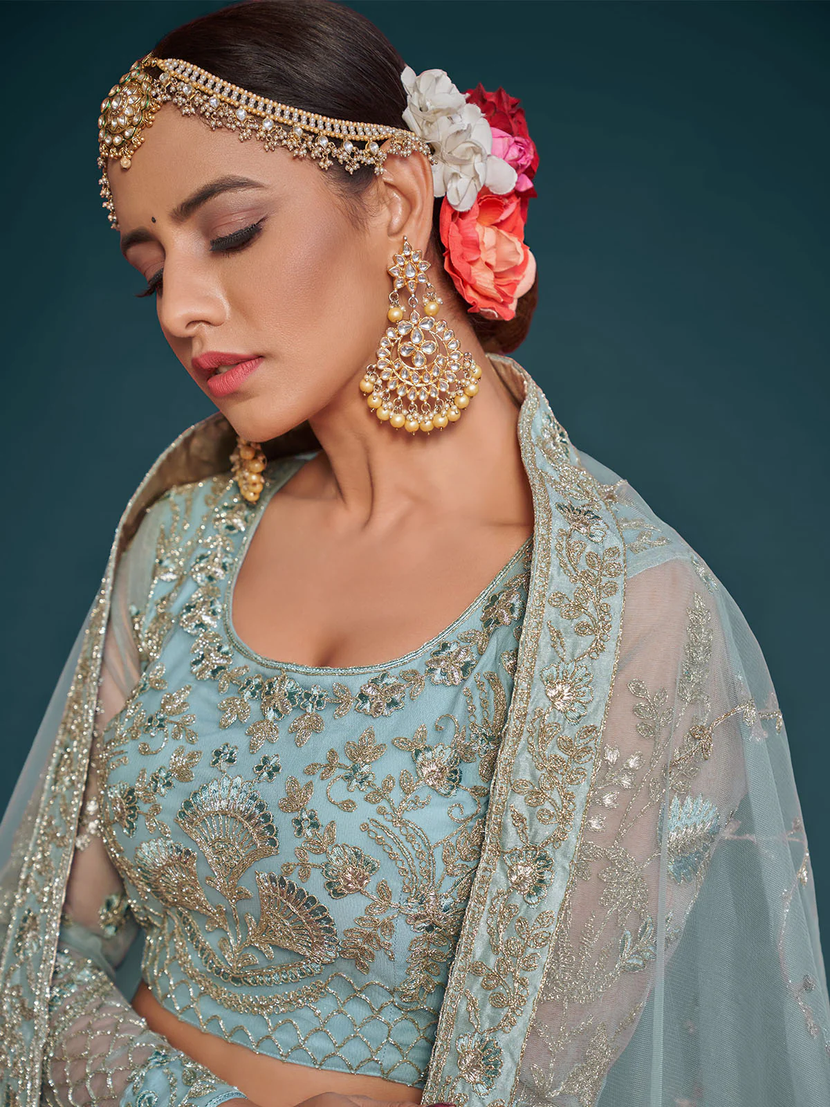 Odette Light Blue Soft Net Embellished Semi Stitched Lehenga With Unstitched Blouse For Women - Image 5
