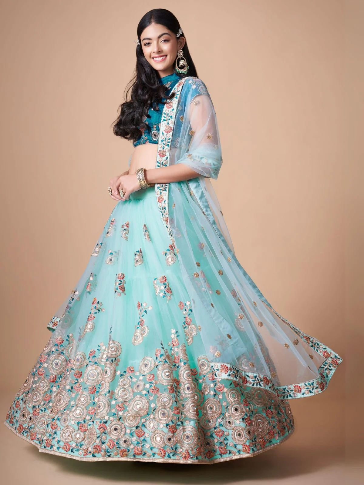 Odette Light Blue Soft Net Embroidered Semi Stitched Lehenga With Blouse For Women - Image 2