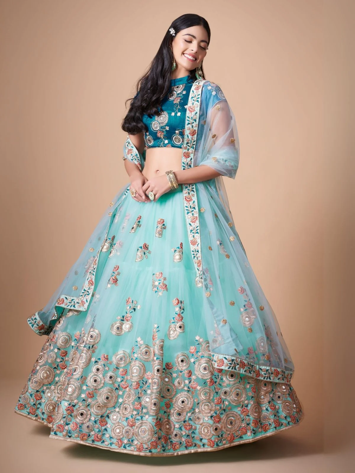 Odette Light Blue Soft Net Embroidered Semi Stitched Lehenga With Blouse For Women - Image 3