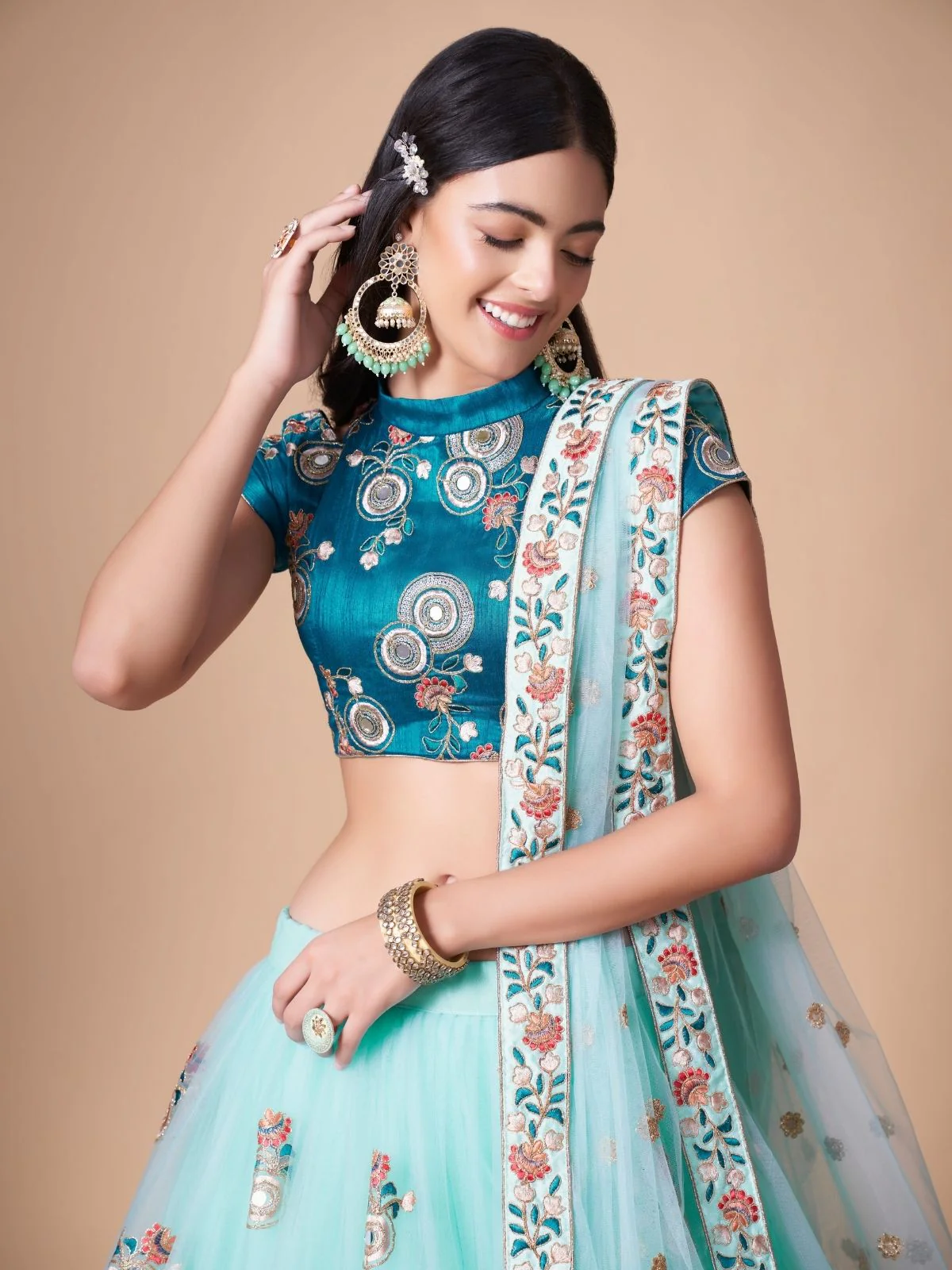 Odette Light Blue Soft Net Embroidered Semi Stitched Lehenga With Blouse For Women - Image 5