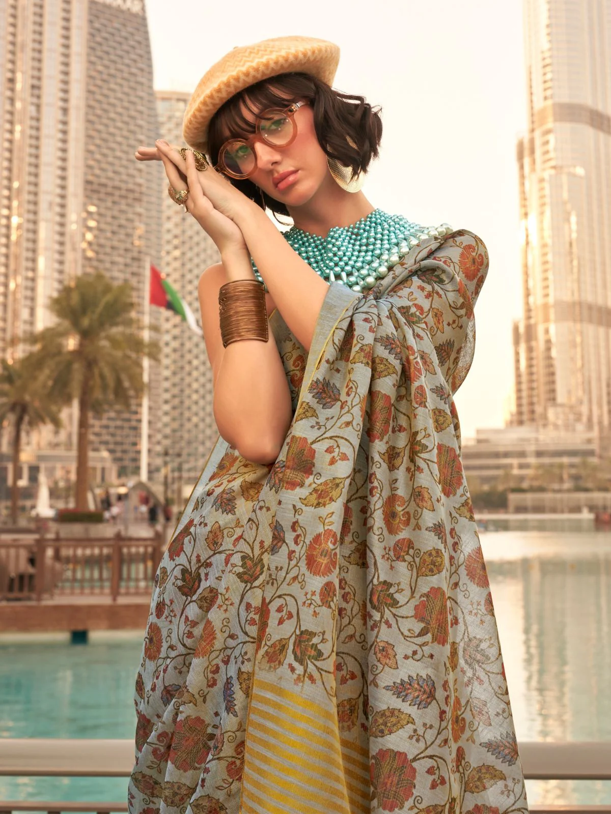 Odette Light Blue Tissue Printed Saree With Unstitched Blouse For Women - Image 2