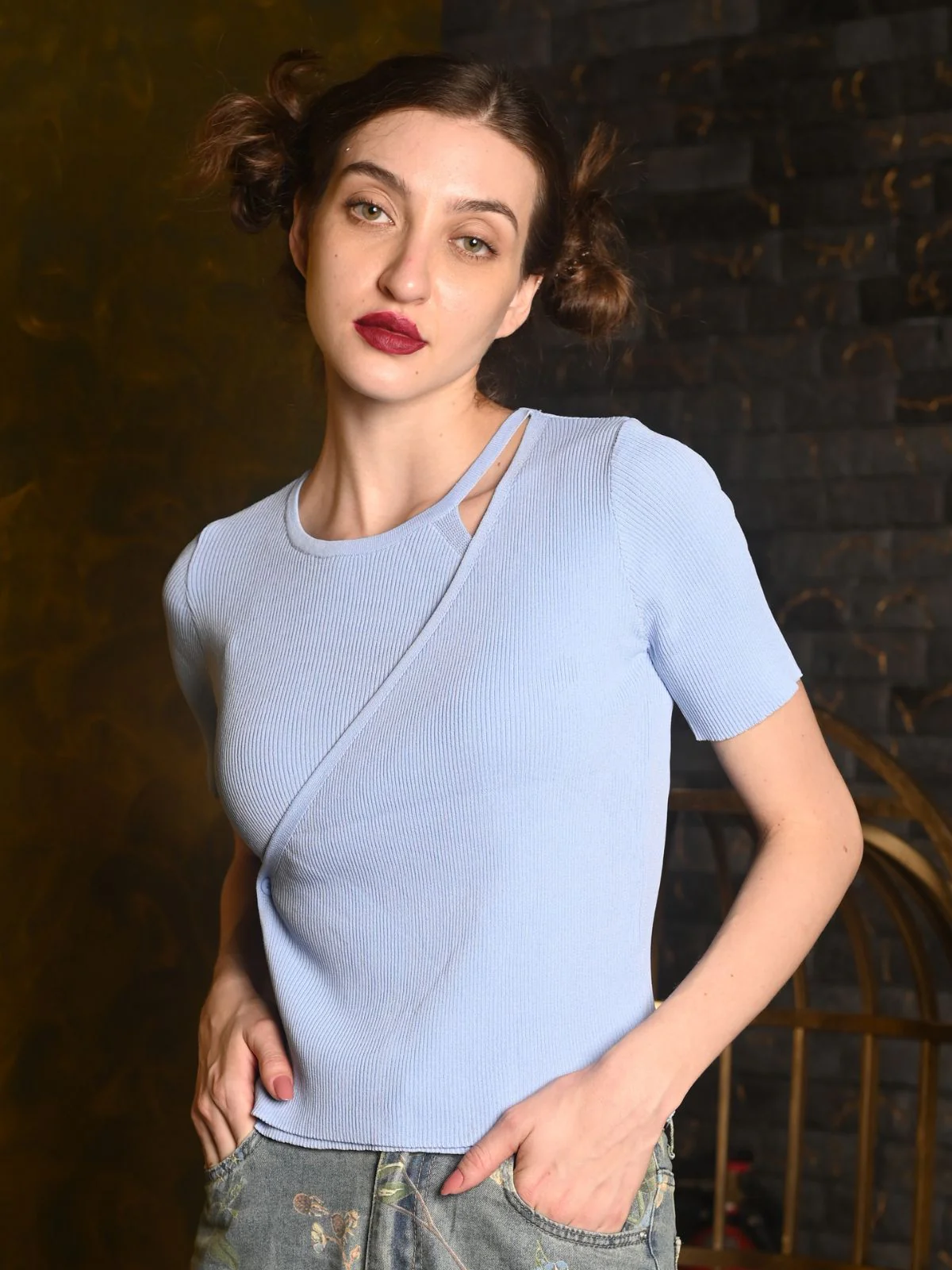 Odette Light Blue Viscose Rib Lycra Solid Top For Women - Image 3