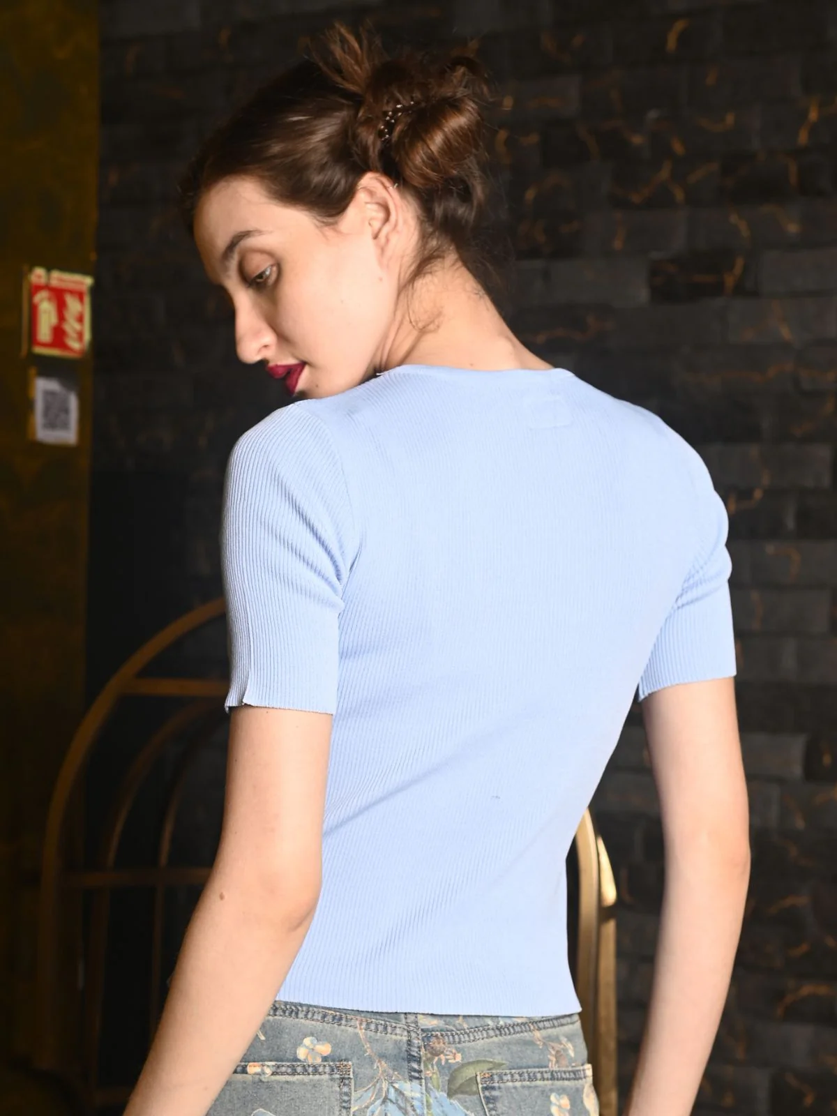Odette Light Blue Viscose Rib Lycra Solid Top For Women - Image 5