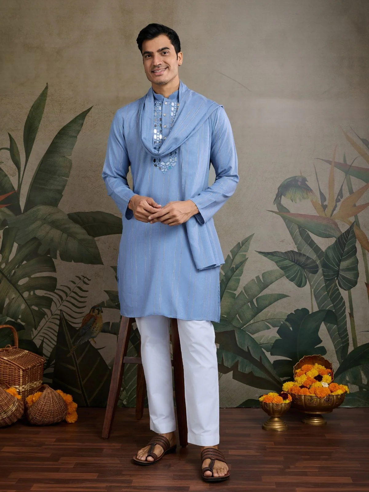 Odette Light Blue Viscose Silk Embellished Stitched Kurta For Men - Image 2
