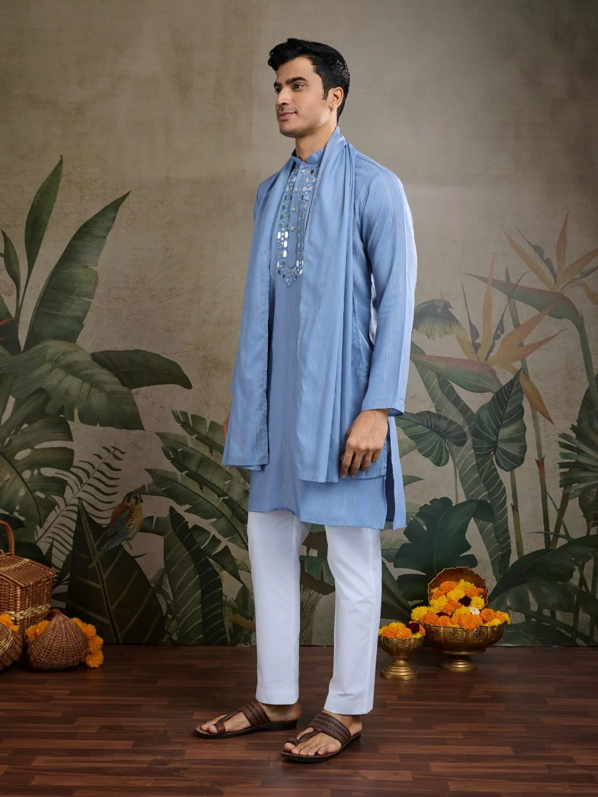 Odette Light Blue Viscose Silk Embellished Stitched Kurta For Men - Image 3