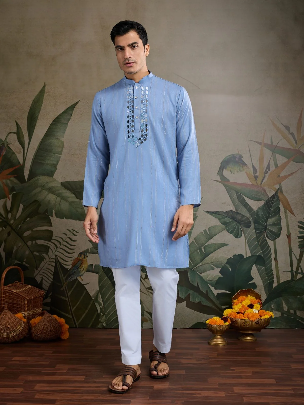 Odette Light Blue Viscose Silk Embellished Stitched Kurta For Men - Image 4