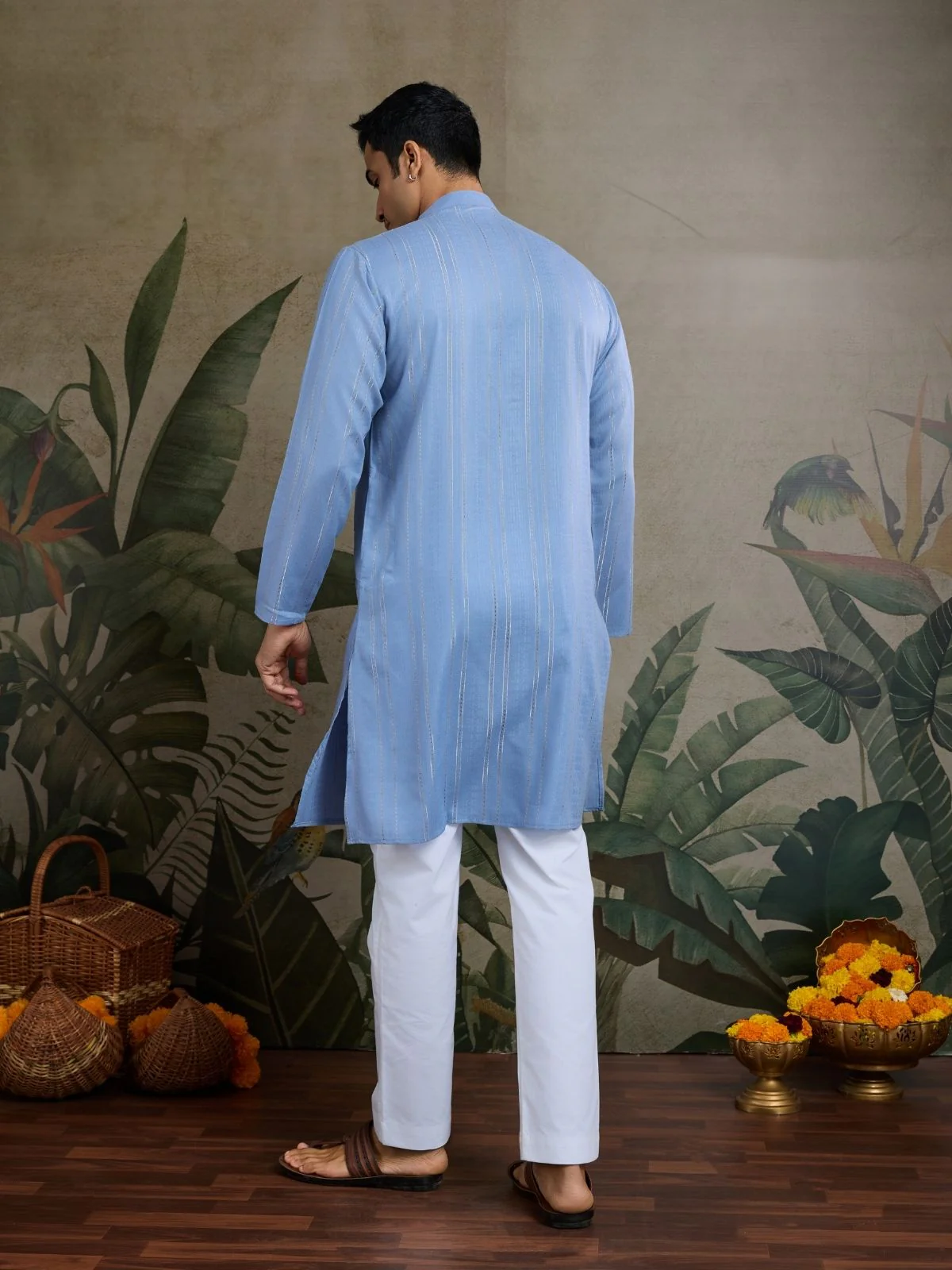 Odette Light Blue Viscose Silk Embellished Stitched Kurta For Men - Image 5