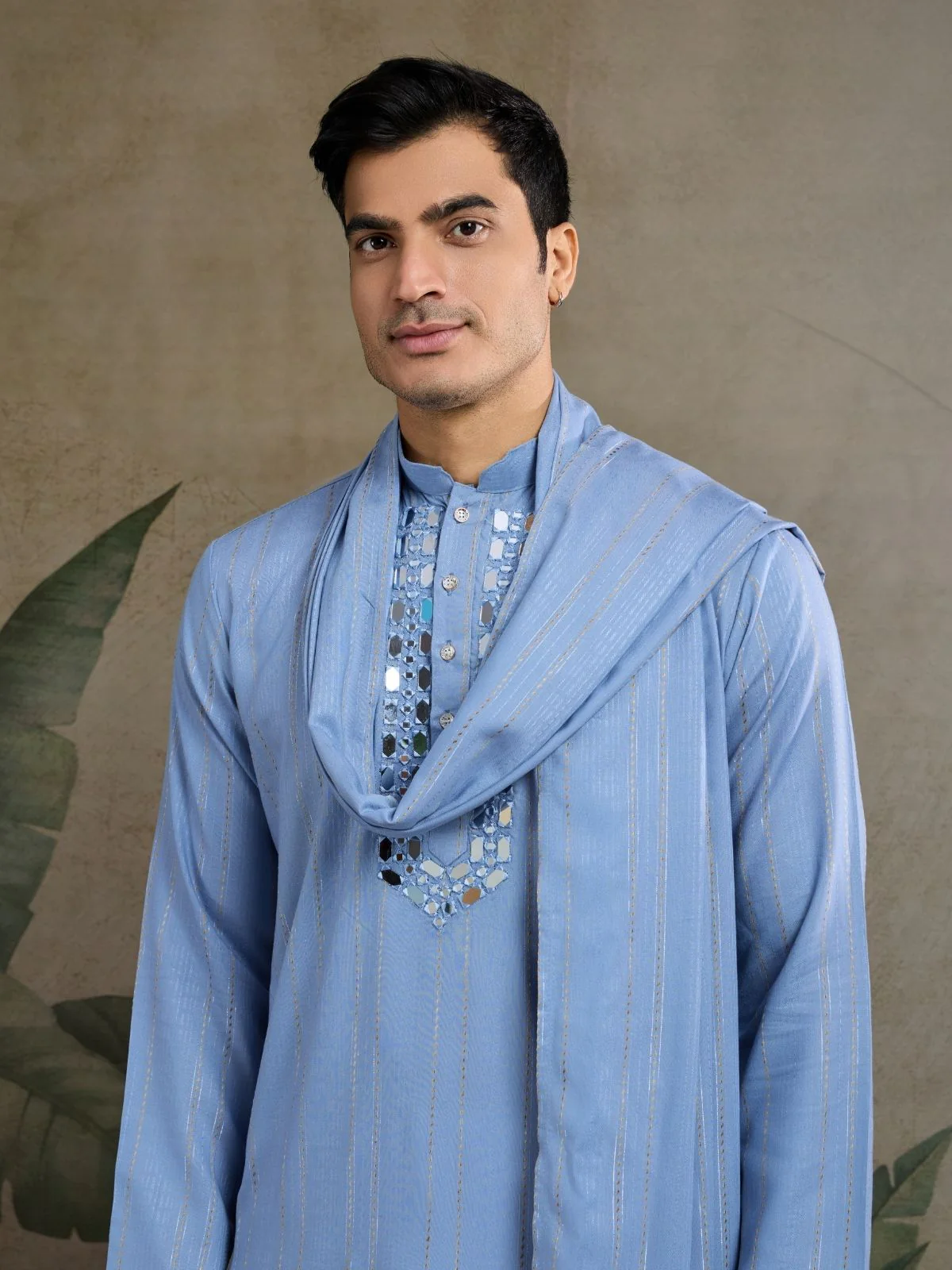 Odette Light Blue Viscose Silk Embellished Stitched Kurta For Men - Image 6
