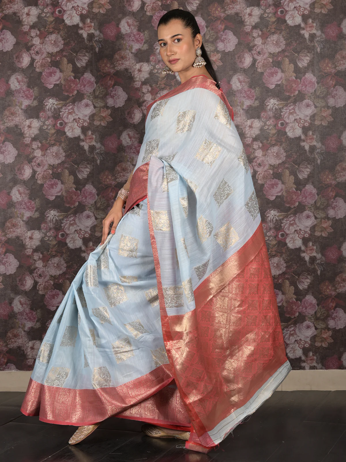 Odette Light Blue Woven Silk Blend Saree With Unstitched Blouse For Women - Image 3