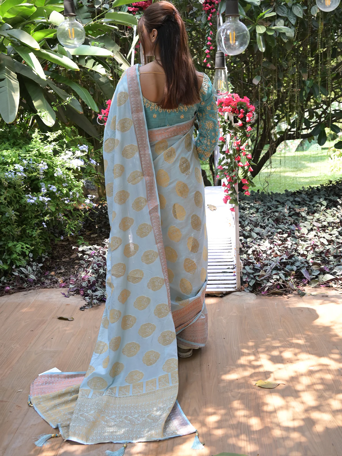Odette Light Blue Woven Soft Silk Saree with Unstitched Blouse for Women - Image 3