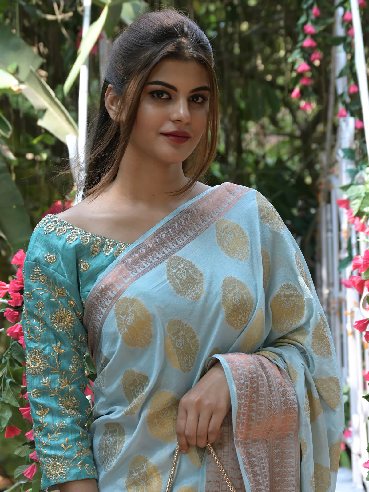Odette Light Blue Woven Soft Silk Saree with Unstitched Blouse for Women - Image 4