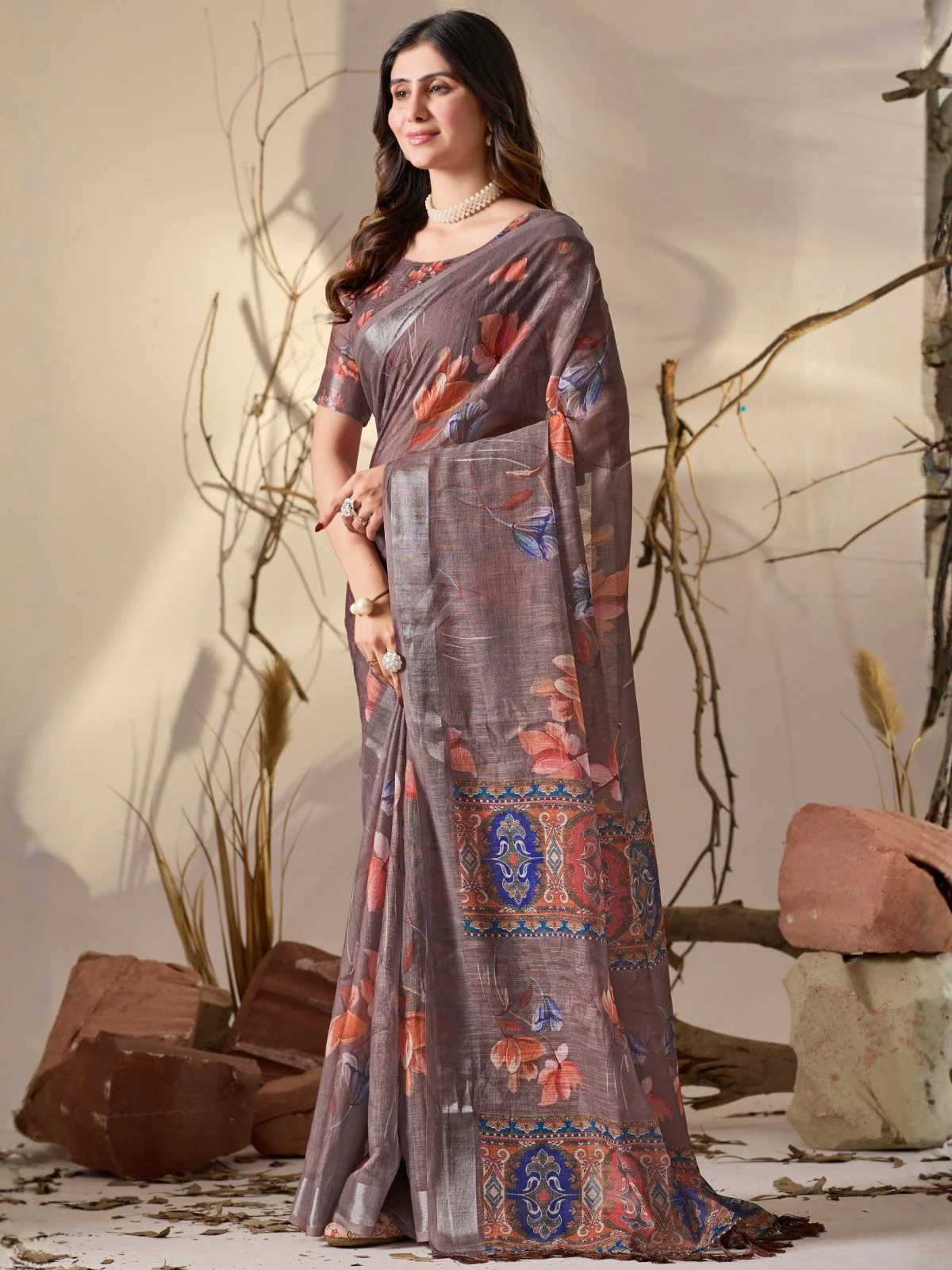 Odette Light Brown Linen Cotton Printed Saree For Women - Image 2