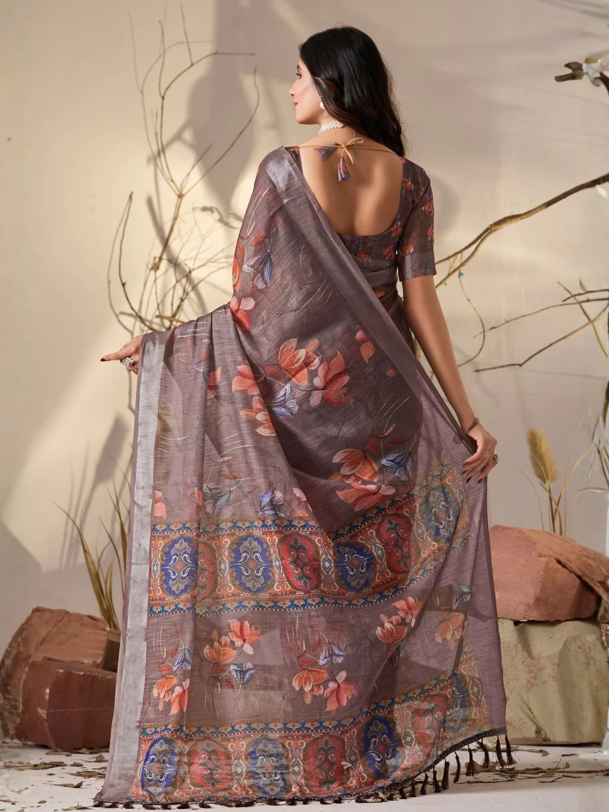 Odette Light Brown Linen Cotton Printed Saree For Women - Image 3