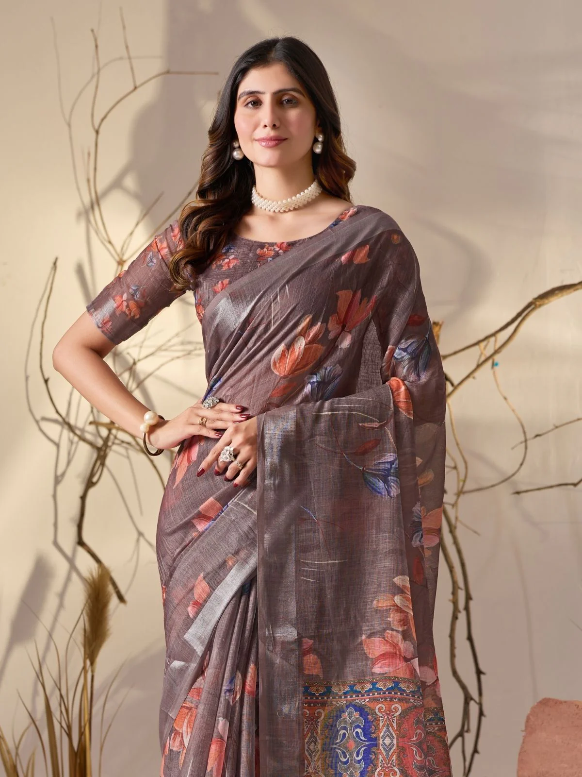 Odette Light Brown Linen Cotton Printed Saree For Women - Image 4