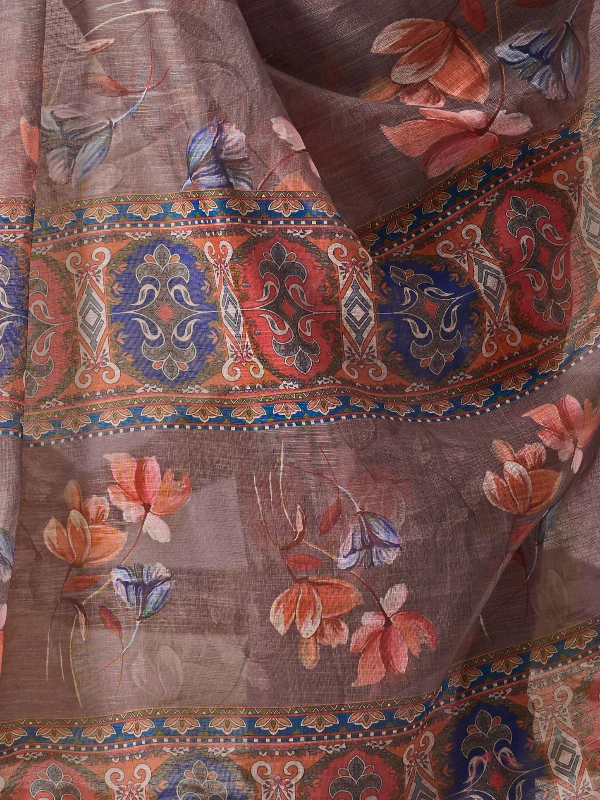 Odette Light Brown Linen Cotton Printed Saree For Women - Image 5