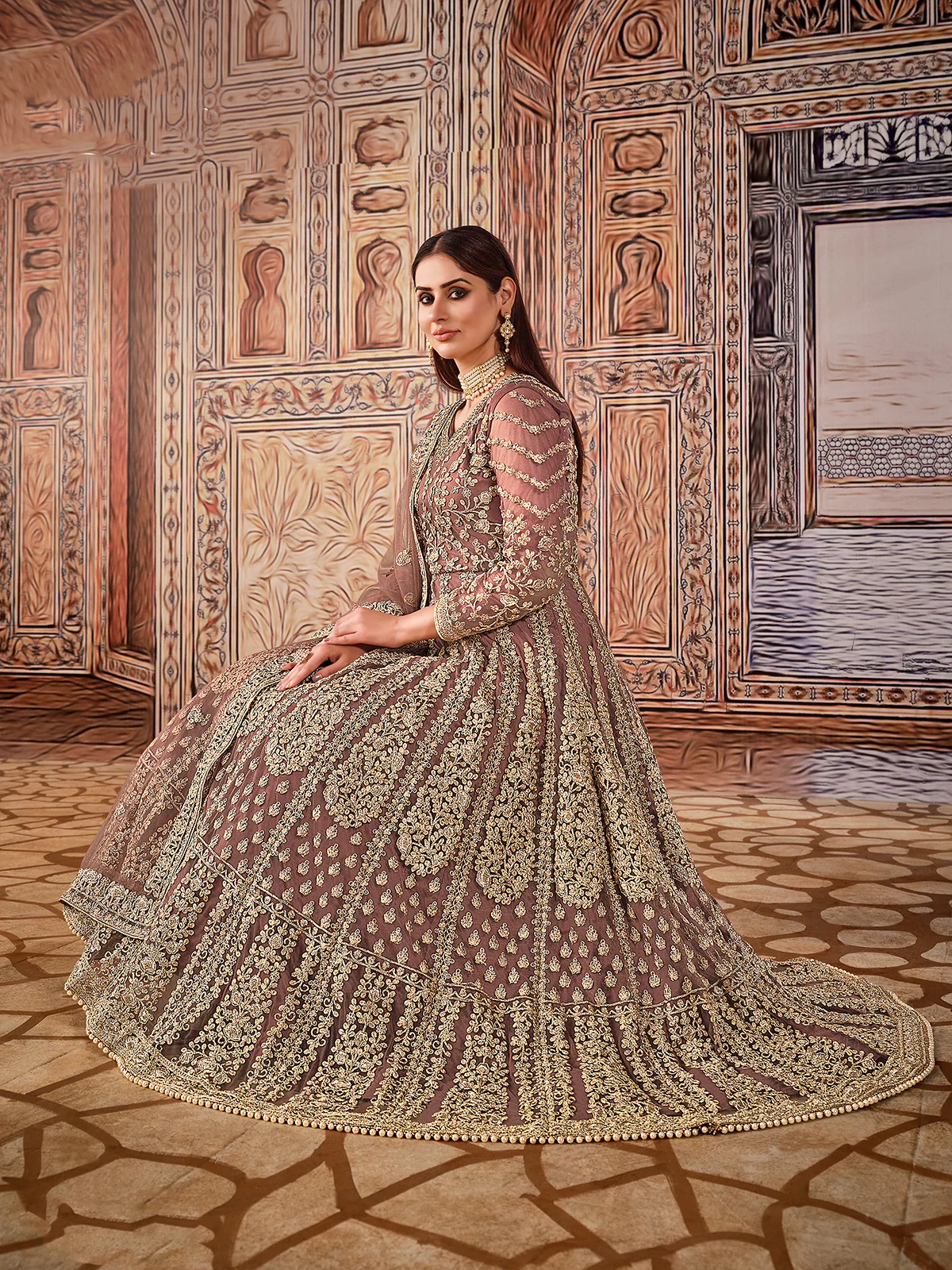 Odette Light Brown Net Embroidered Semi stitched Kurta Set with Inner For Women - Image 2