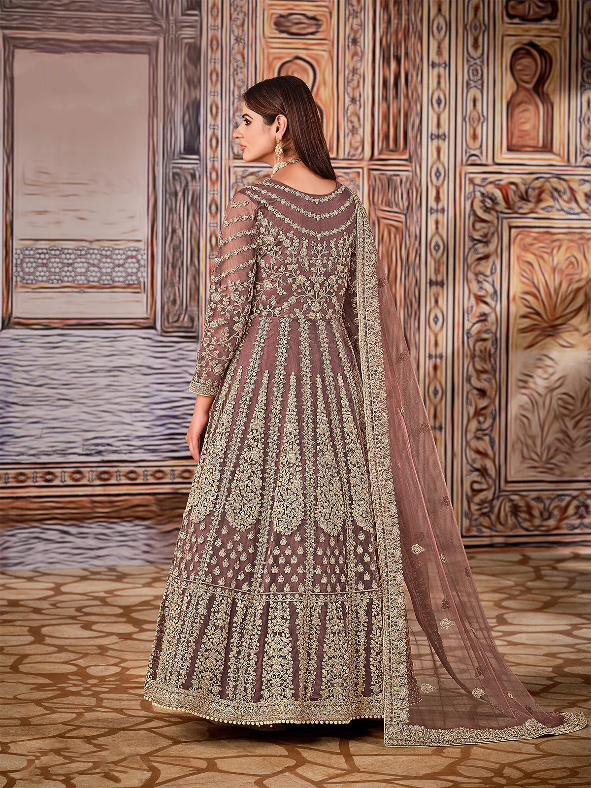 Odette Light Brown Net Embroidered Semi stitched Kurta Set with Inner For Women - Image 4