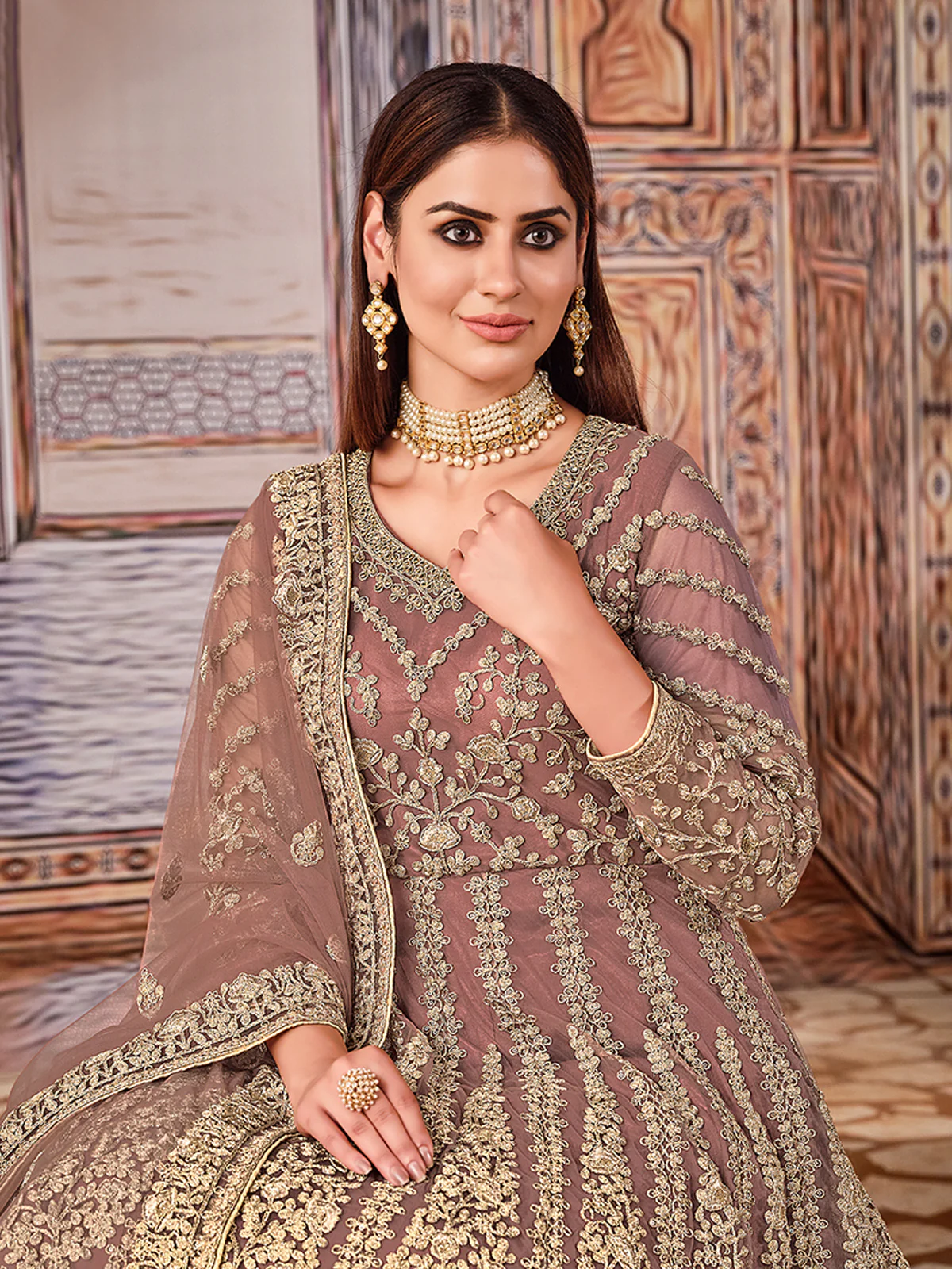 Odette Light Brown Net Embroidered Semi stitched Kurta Set with Inner For Women - Image 5