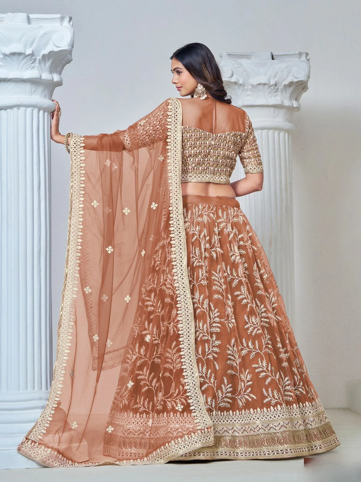 Odette Light Brown Net Embroidered Semi-Stitched lehenga For Women - Image 3