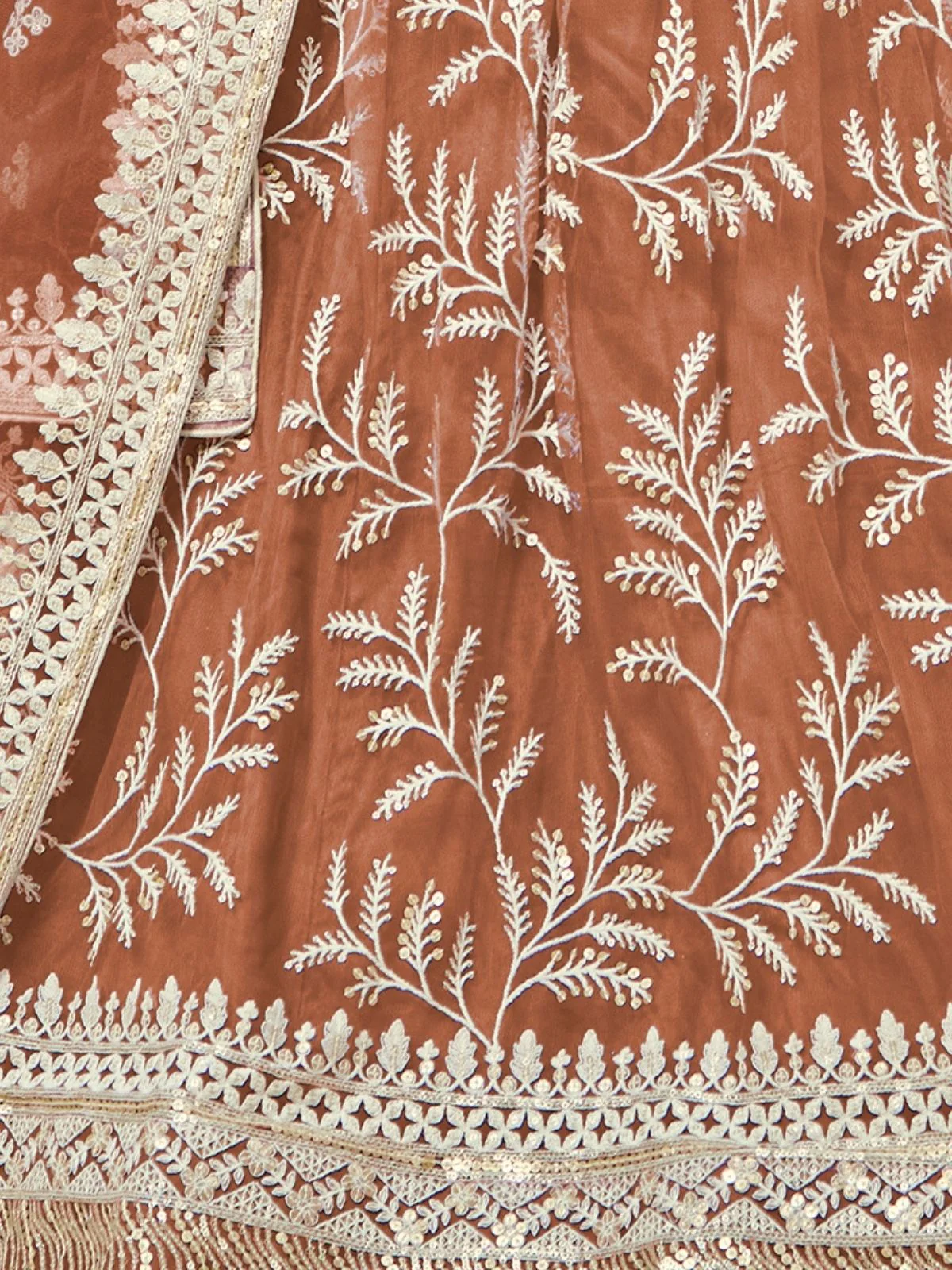 Odette Light Brown Net Embroidered Semi-Stitched lehenga For Women - Image 5