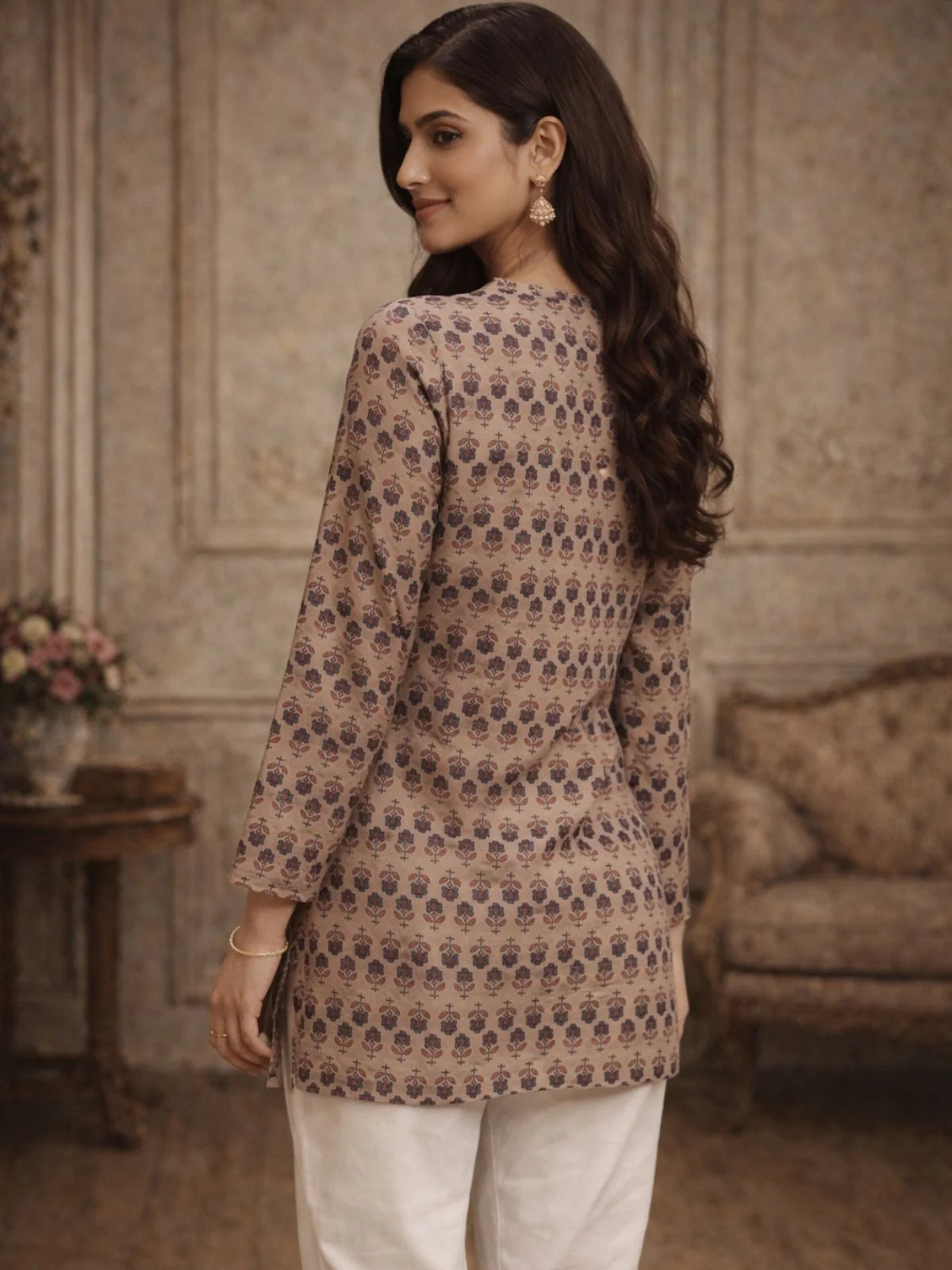 Odette  Light Brown Silk Blend Printed Solid Kurti For Women - Image 3