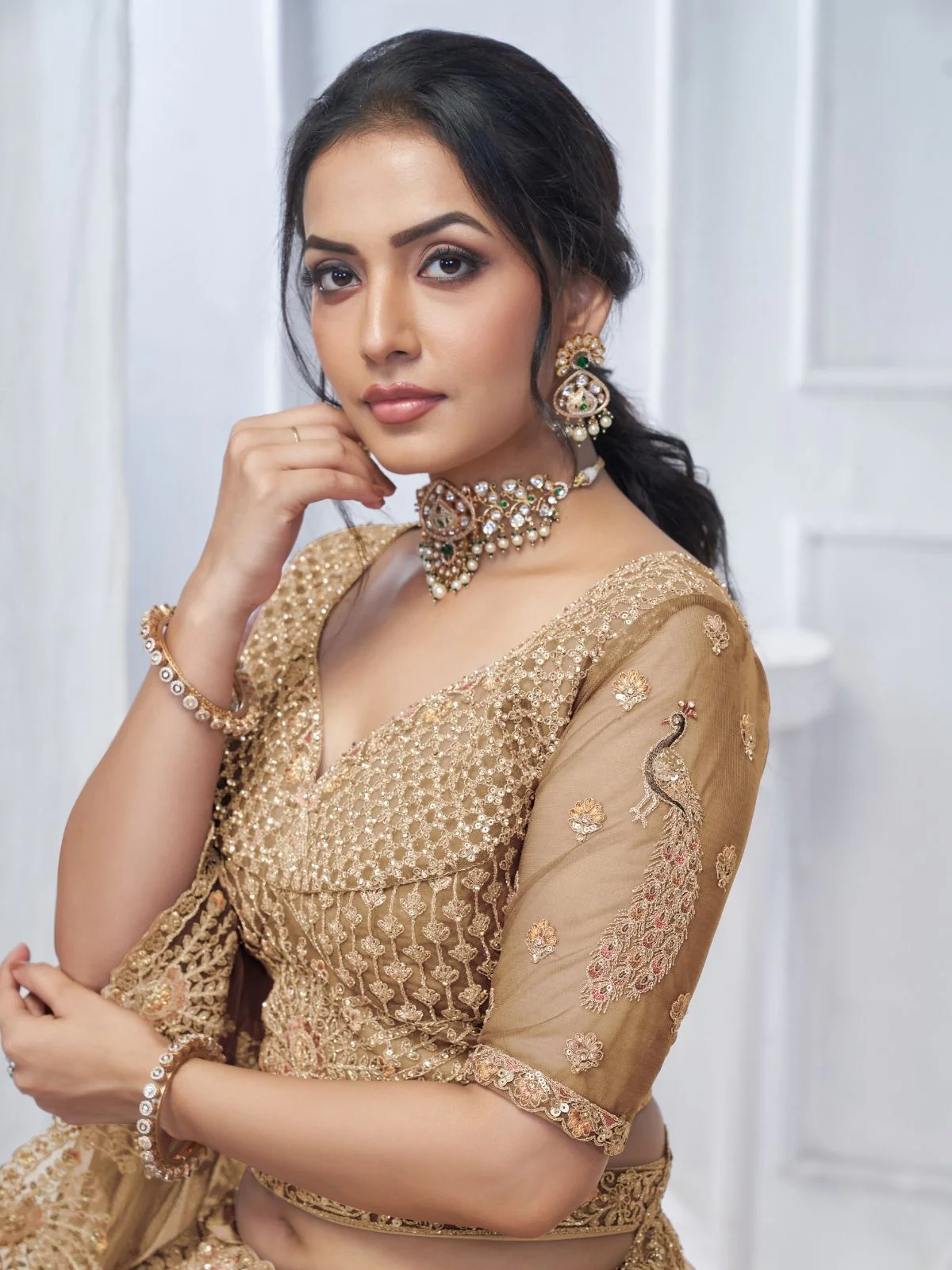 Odette Light Brown Soft Net Embellished Semi-Stitched Lehenga With Unstitched Blouse For Women - Image 5
