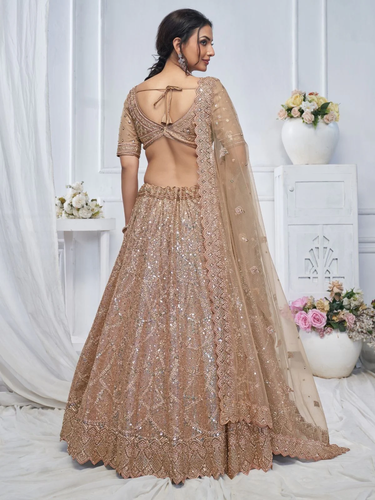 Odette Light Brown Soft Net Embroidered Semi-Stitched Lehenga With Unstitched Blouse For Women - Image 3