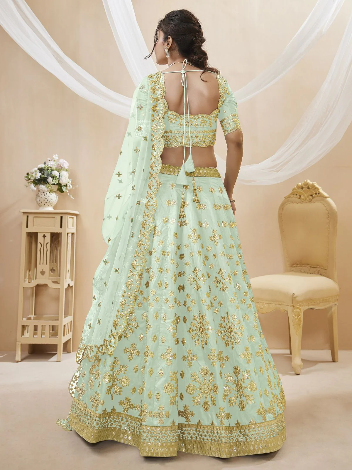 Odette Light Green Art Silk Embroidered Semi Stitched Lehenga With Unstitched Blouse For Women - Image 3