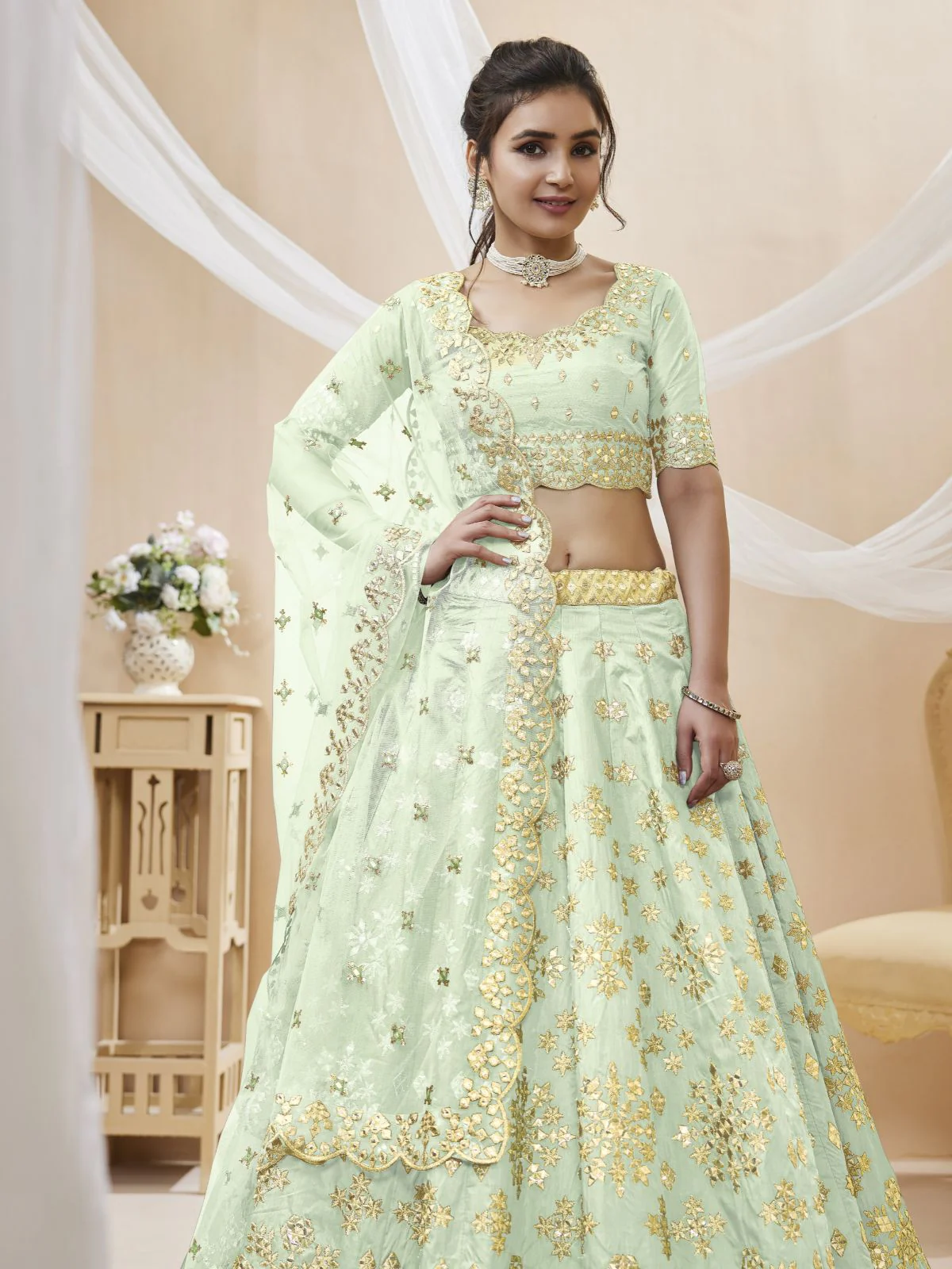 Odette Light Green Art Silk Embroidered Semi Stitched Lehenga With Unstitched Blouse For Women - Image 4