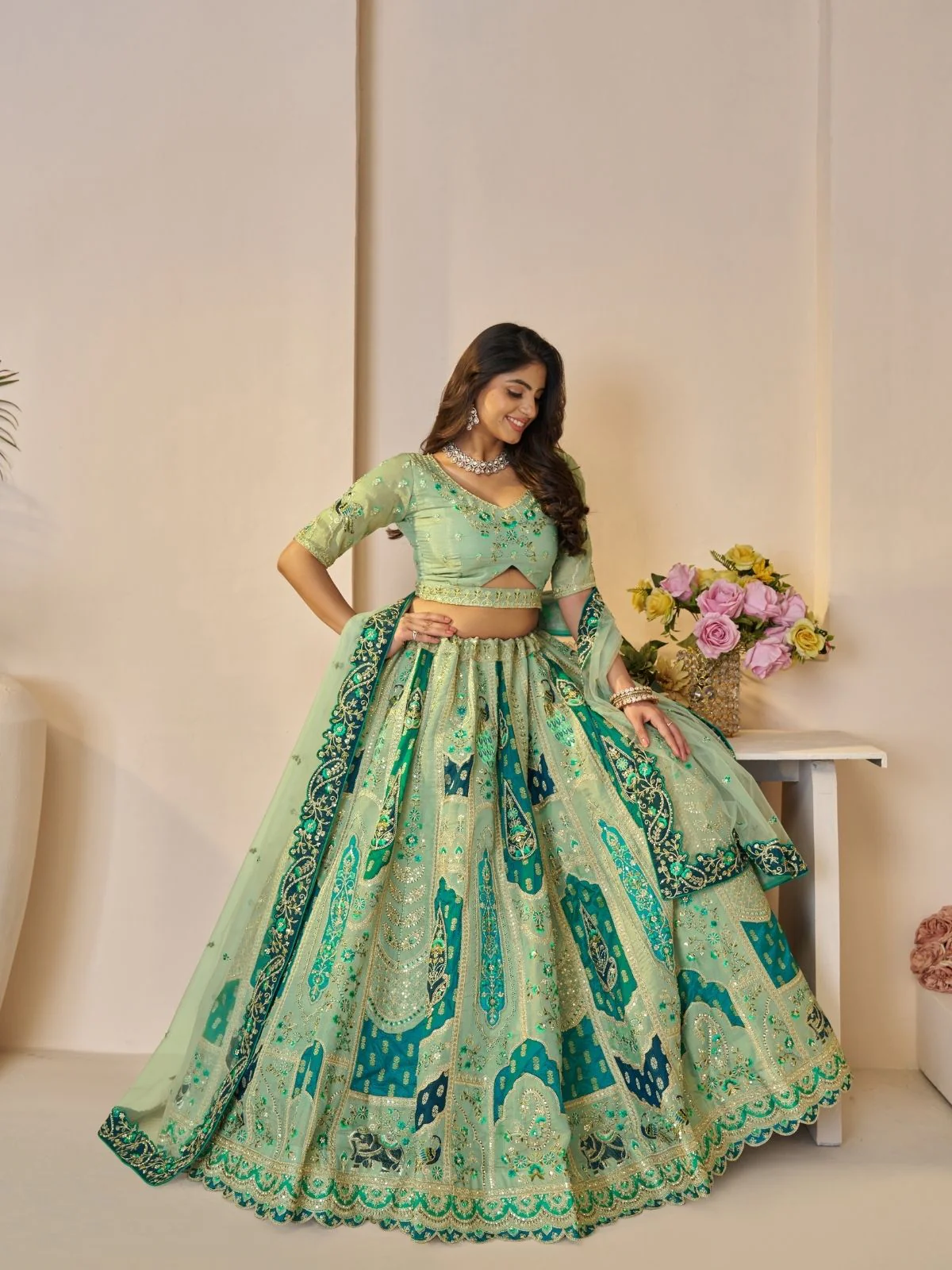 Odette Light Green Banarasi Silk Embroidered Semi-Stitched Lehenga For Women - Image 2