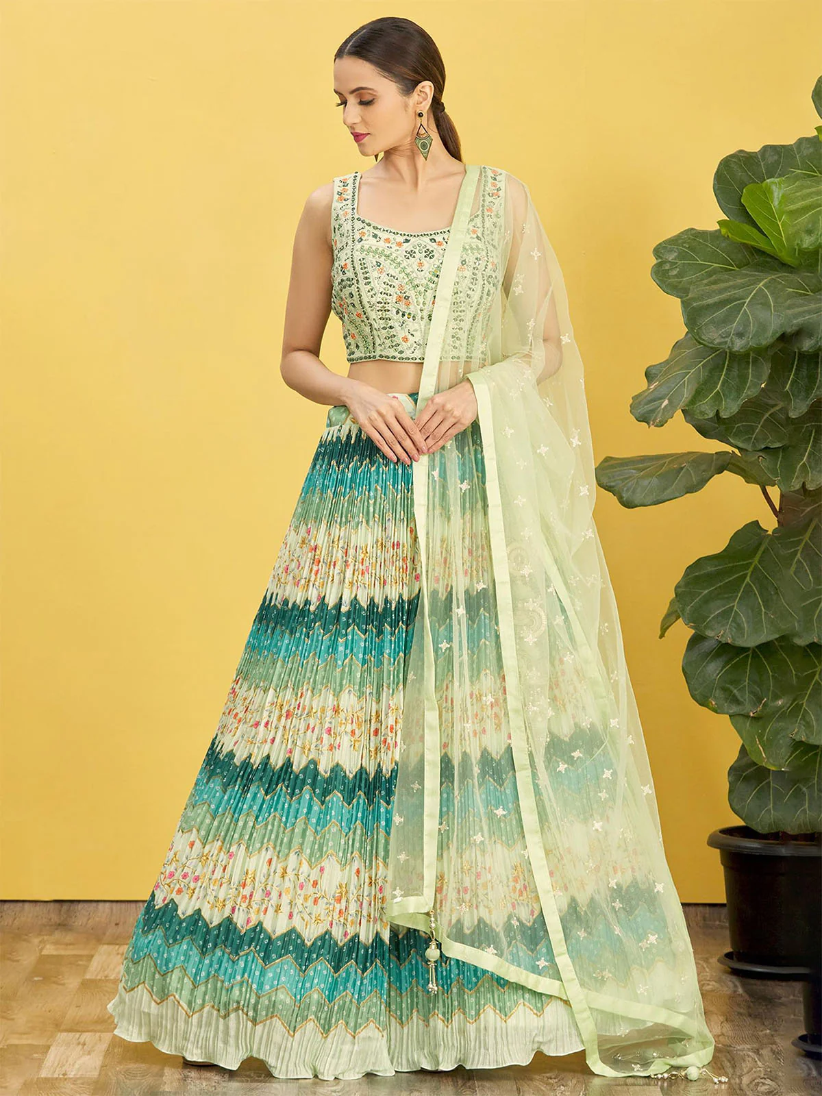 Odette Light Green Chinon Embellished Semi Stitched Lehenga With Unstitched Blouse For Women - Image 2