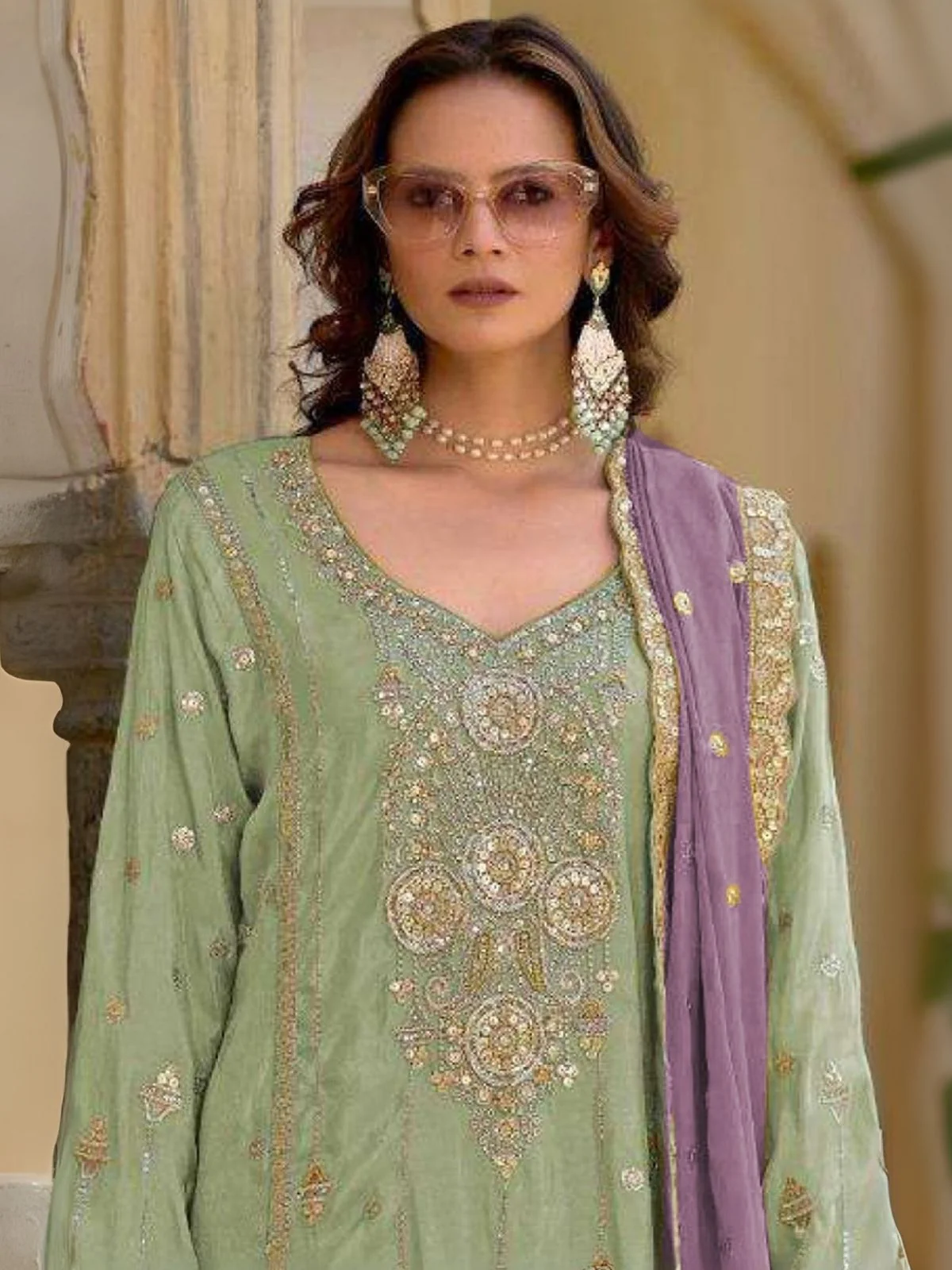 Odette Light Green Chinon Embroidered Semi-Sitched Kurta Set For Women - Image 2